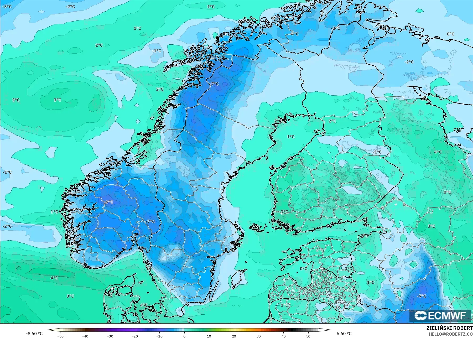 ECMWF IFS 0.25° modelo - Escandinavia, Punto de rocío a 2 m