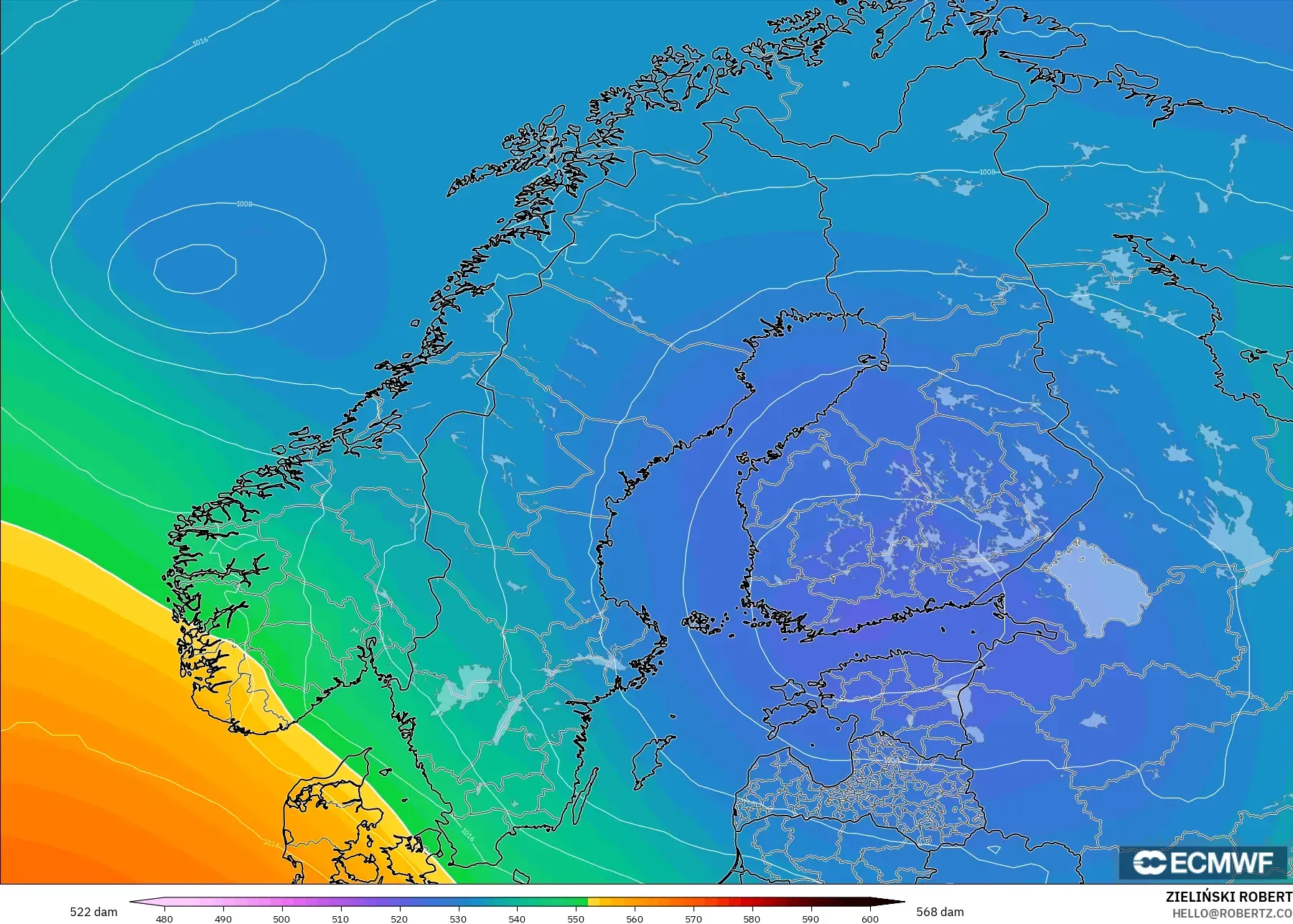ECMWF IFS 0.25° modelo - Escandinavia, Altura geopotencial a 500 hPa