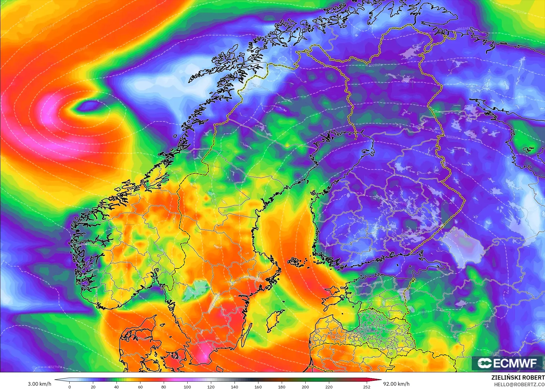 ECMWF IFS 0.25° modelo - Escandinavia, Ráfagas de Viento Máximas