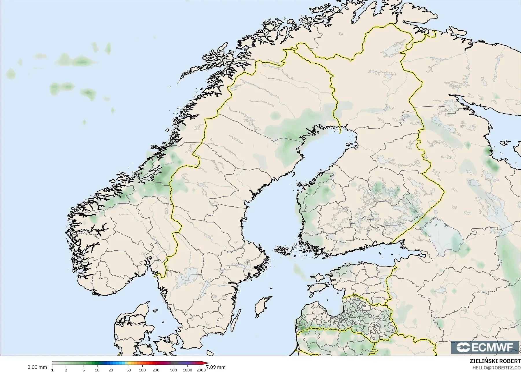 ECMWF IFS 0.25° modelo - Escandinavia, Acumulación de precipitación
