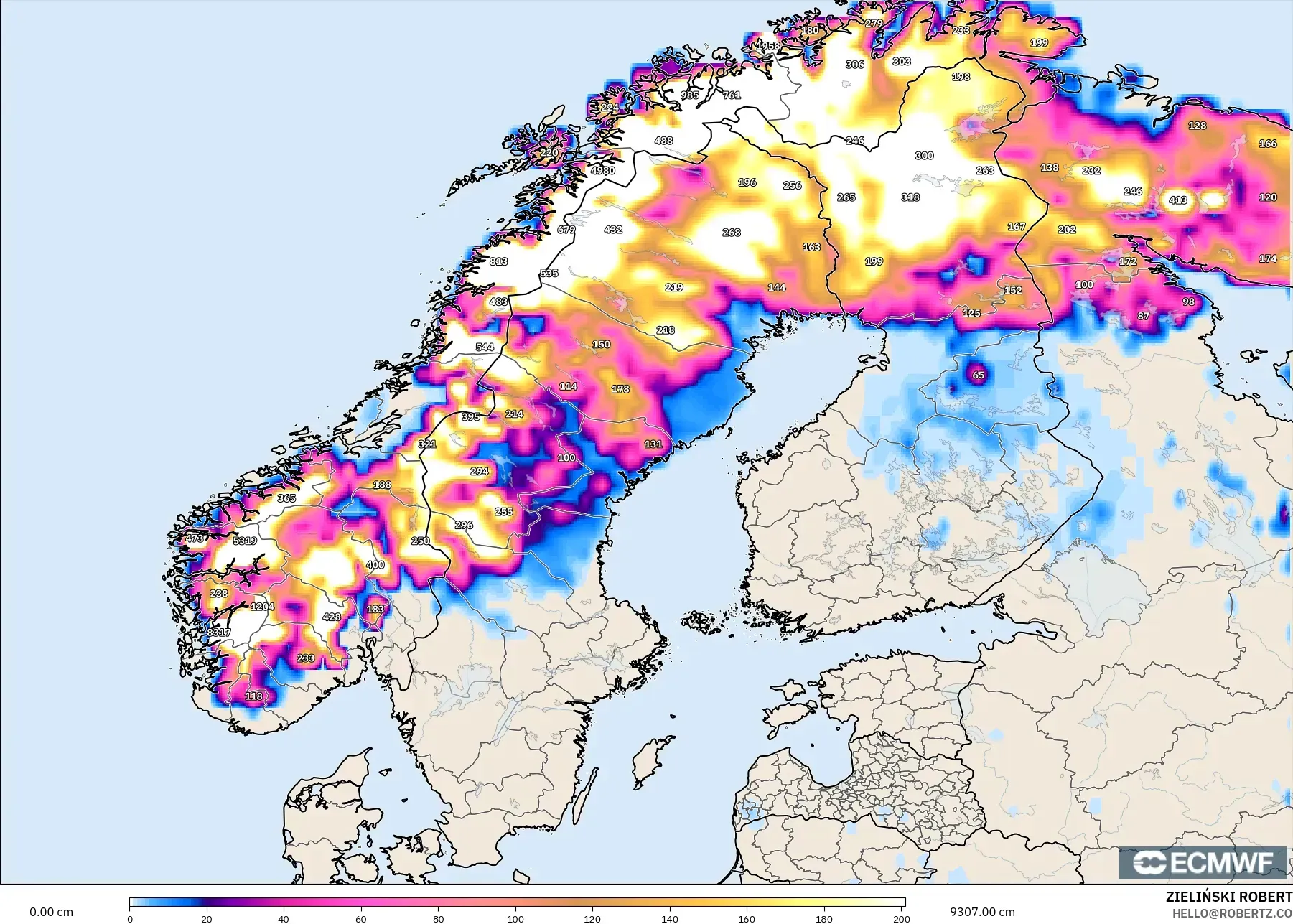 ECMWF IFS 0.25° modelo - Escandinavia, Profundidad de nieve