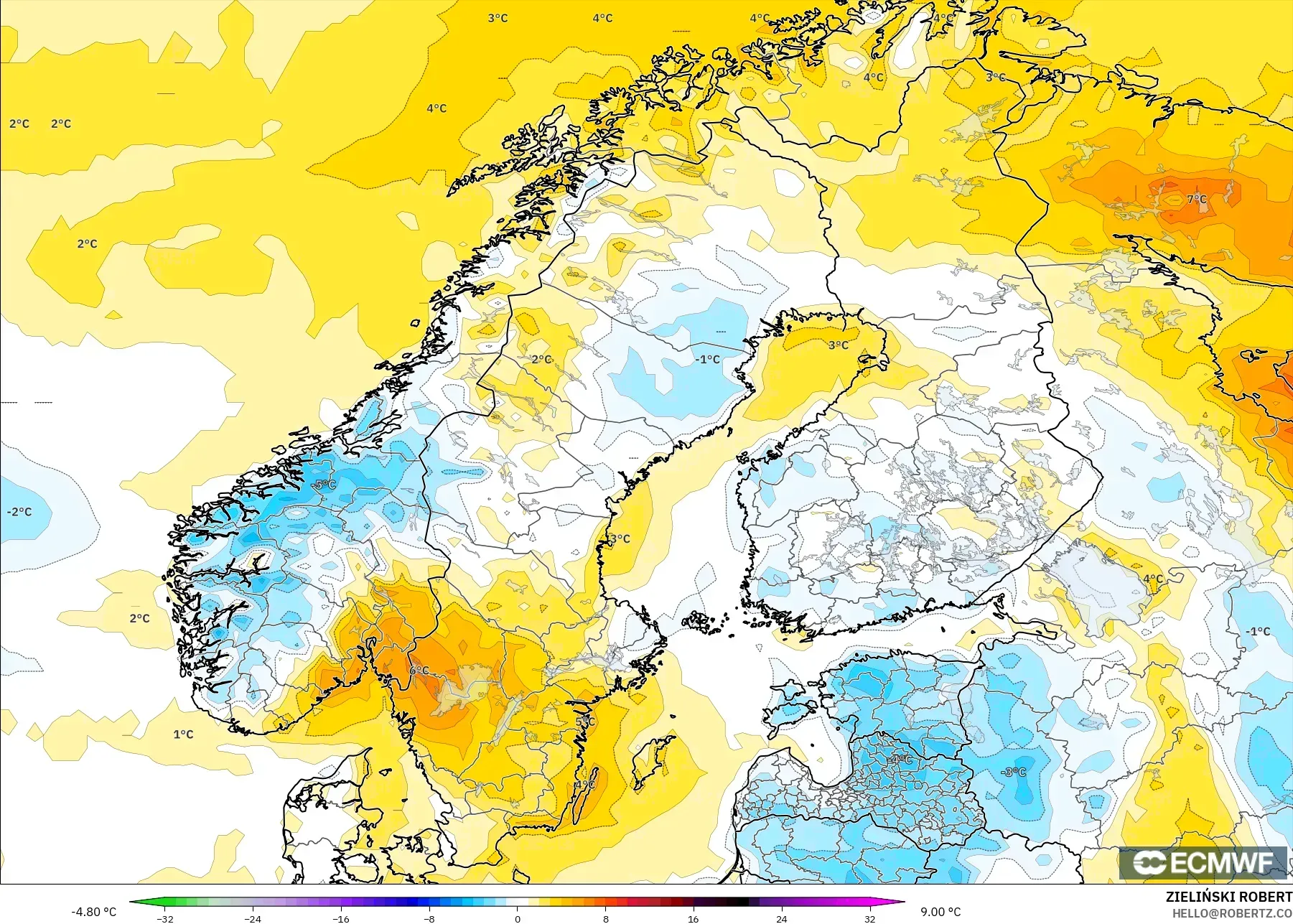 ECMWF IFS 0.25° modelo - Escandinavia, Anomalía de temperatura a 2 m