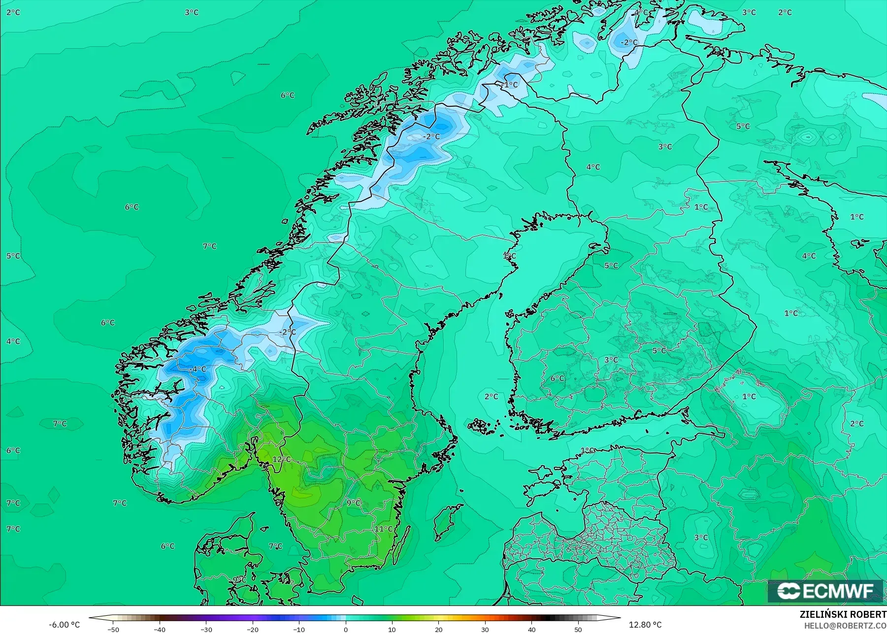 ECMWF IFS 0.25° modelo - Escandinavia, Temperatura a 2 m