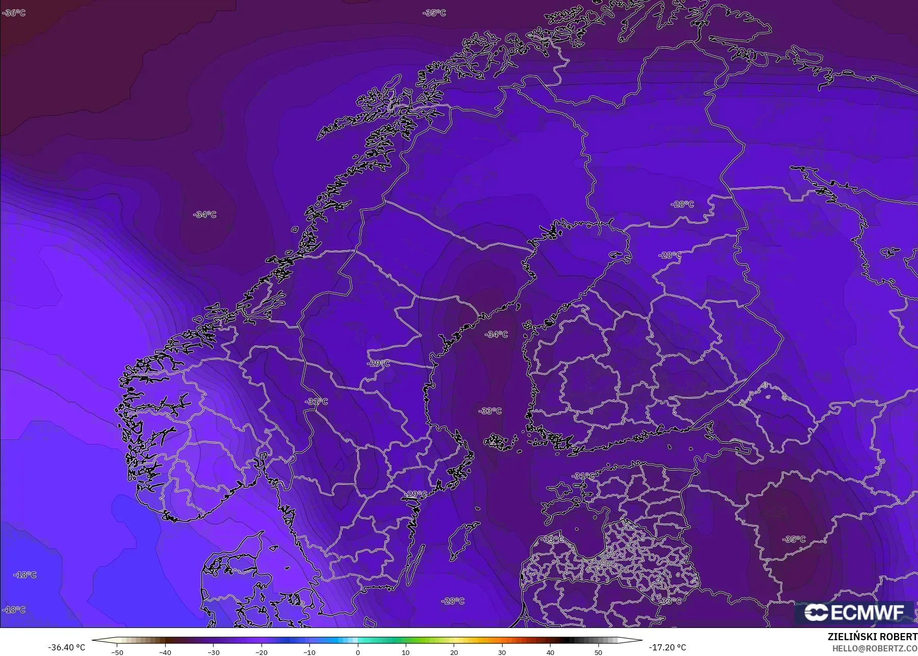 ECMWF IFS 0.25° modelo - Escandinavia, Temperatura a 500 hPa