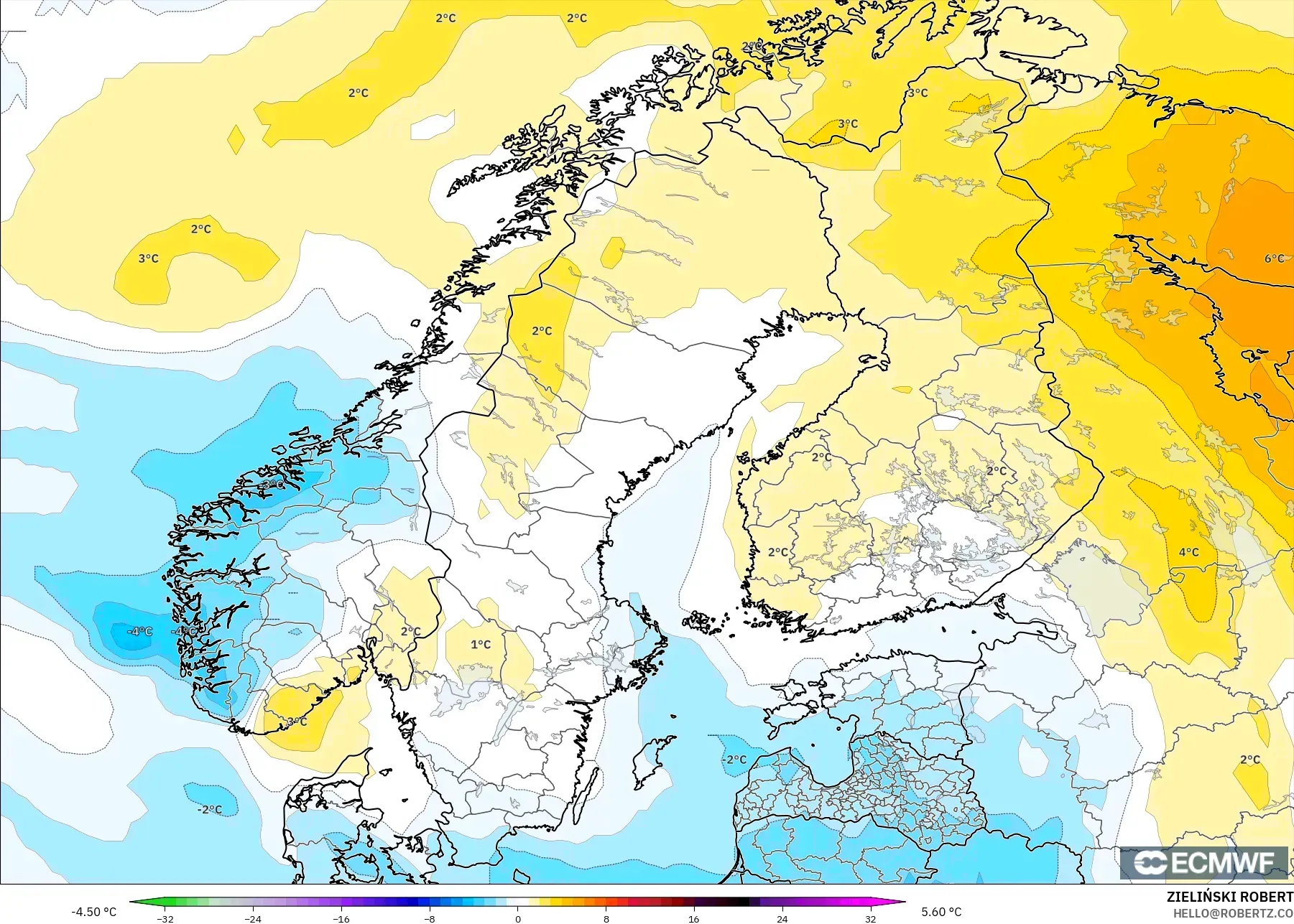 ECMWF IFS 0.25° modelo - Escandinavia, Anomalía de temperatura a 850 hPa