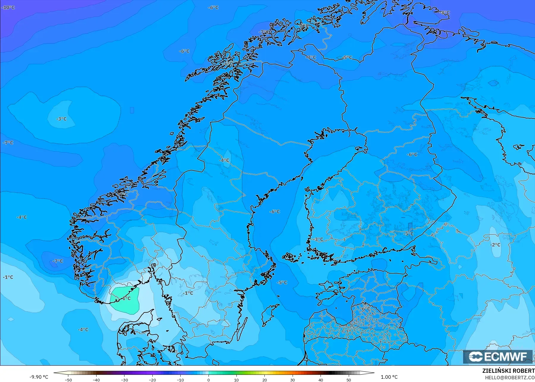 ECMWF IFS 0.25° modelo - Escandinavia, Temperatura a 850 hPa