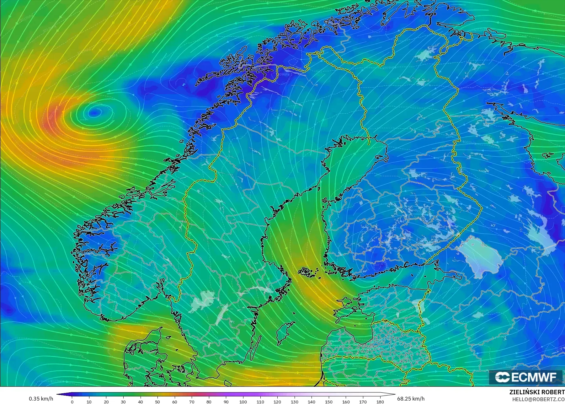 ECMWF IFS 0.25° modelo - Escandinavia, Viento a 10 m