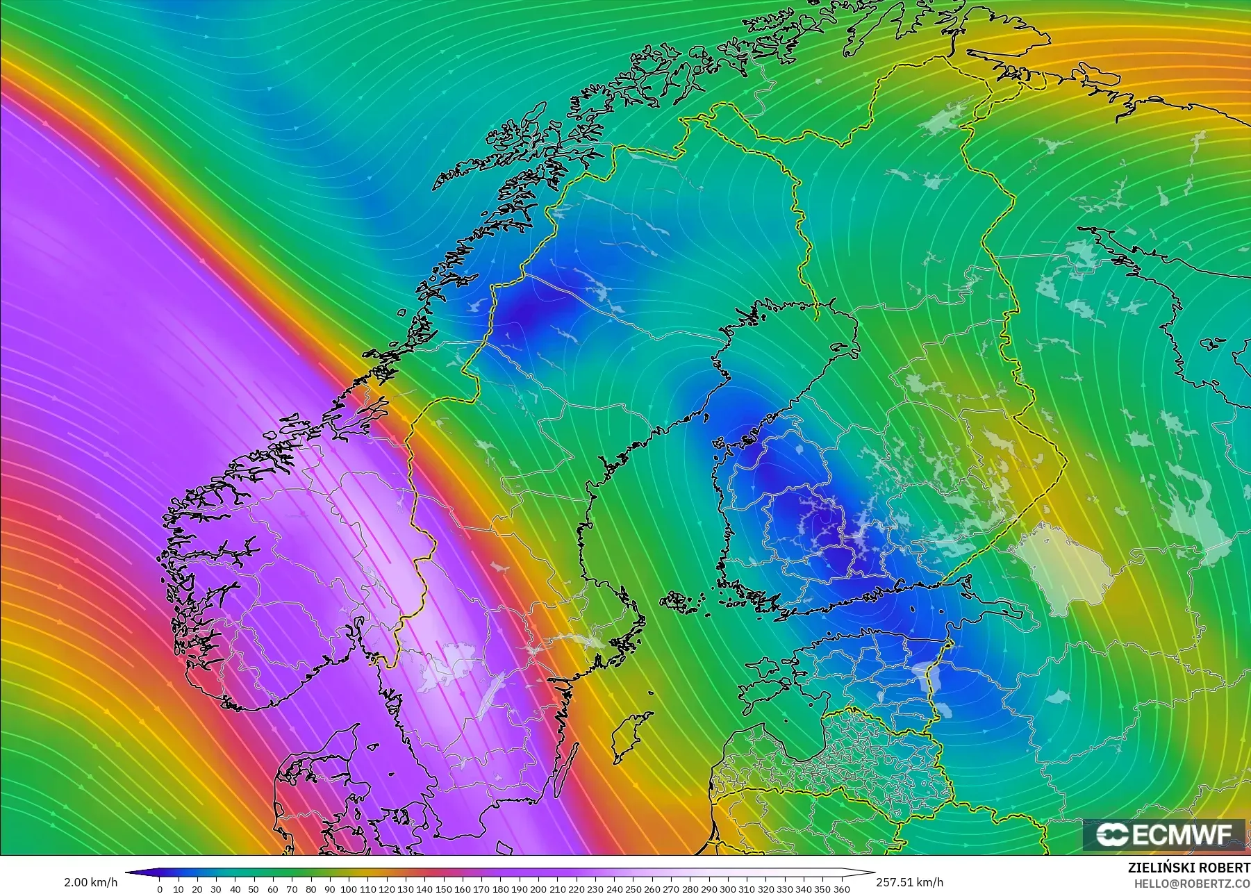 ECMWF IFS 0.25° modelo - Escandinavia, Viento a 300 hPa (corriente en chorro)