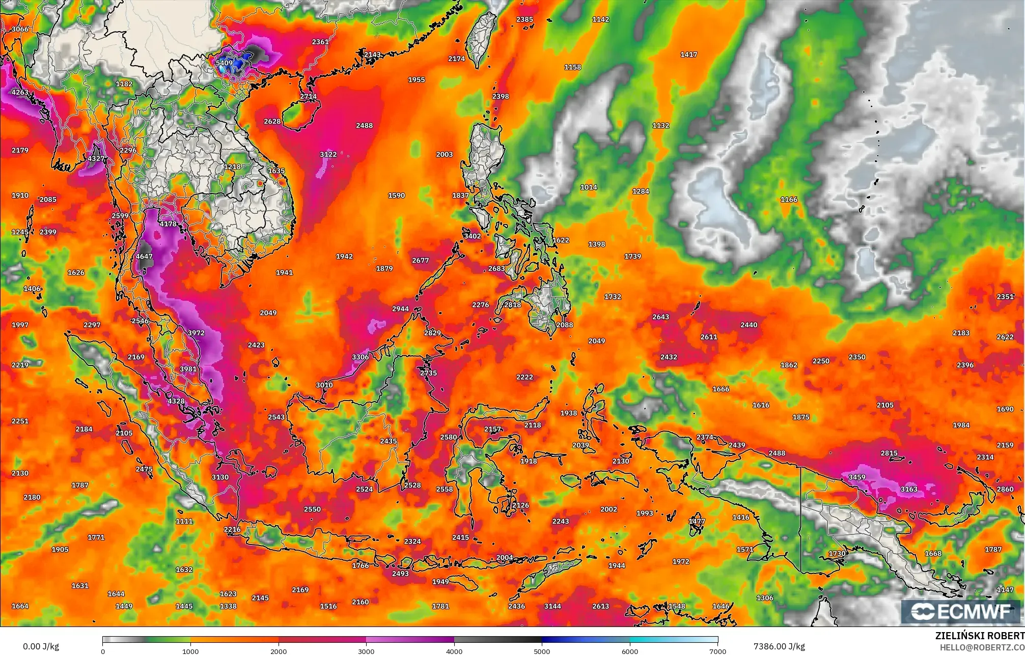 ECMWF IFS 0.25° modelo - Sudeste Asiático, CAPE