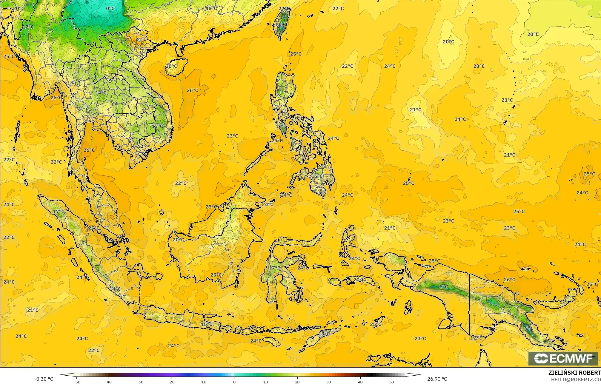 ECMWF IFS 0.25° modelo - Sudeste Asiático, Punto de rocío a 2 m