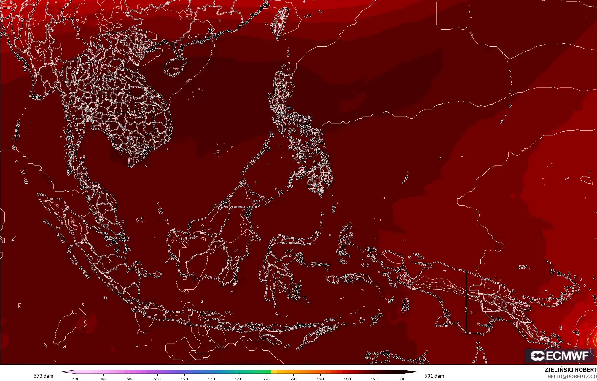 ECMWF IFS 0.25° modelo - Sudeste Asiático, Altura geopotencial a 500 hPa
