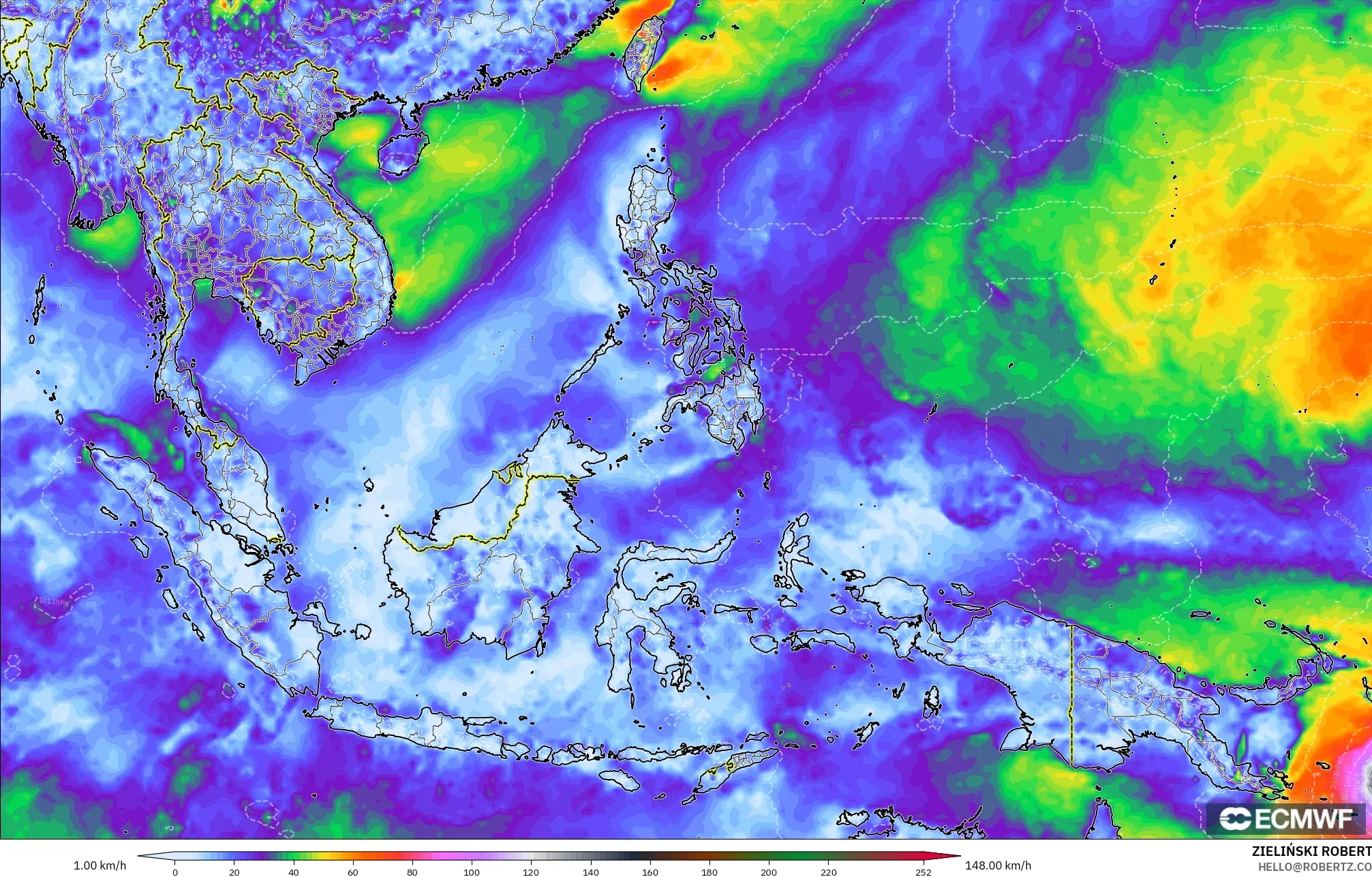 ECMWF IFS 0.25° modelo - Sudeste Asiático, Ráfagas de viento