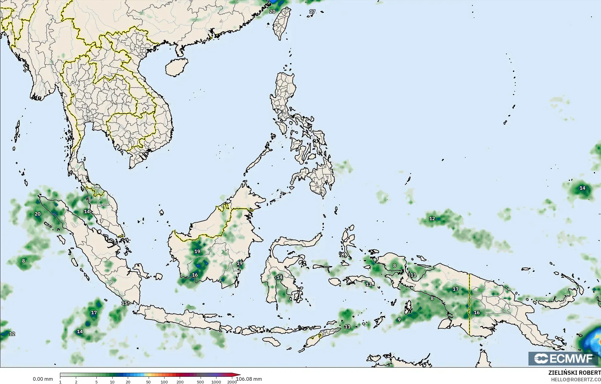 ECMWF IFS 0.25° modelo - Sudeste Asiático, Acumulación de precipitación