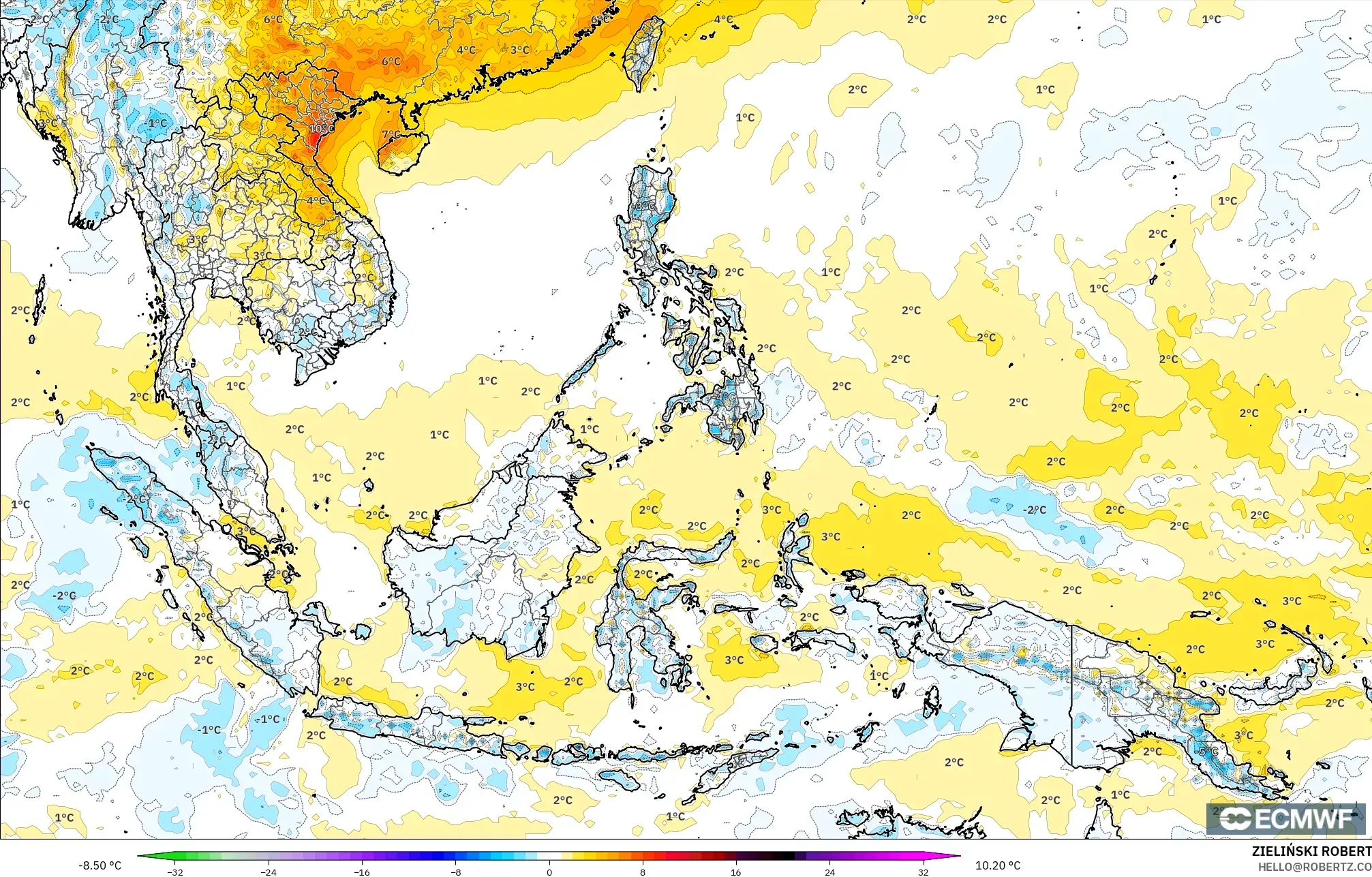 ECMWF IFS 0.25° modelo - Sudeste Asiático, Anomalía de temperatura a 2 m