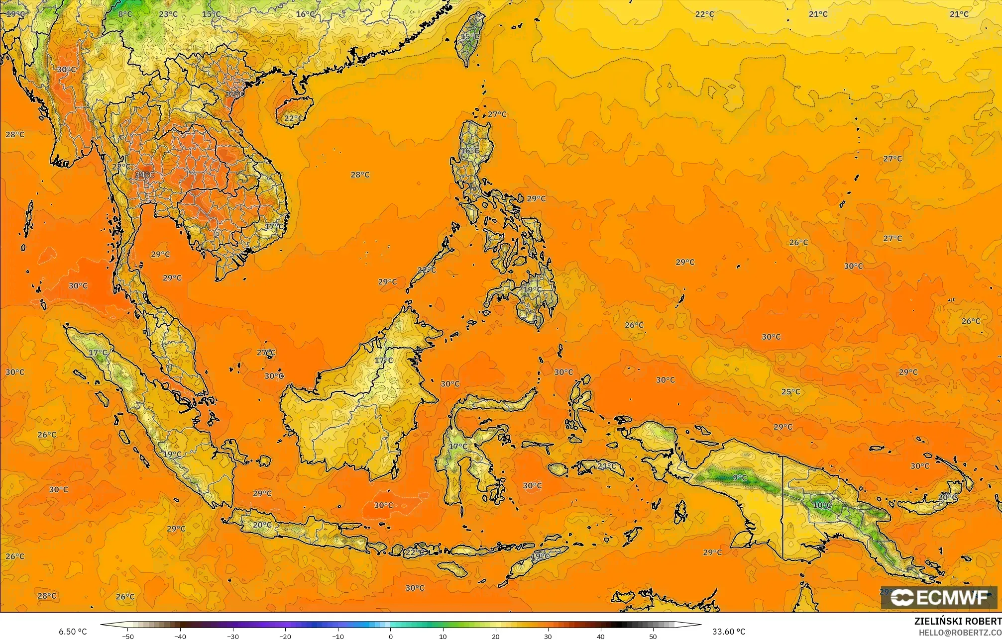 ECMWF IFS 0.25° modelo - Sudeste Asiático, Temperatura a 2 m