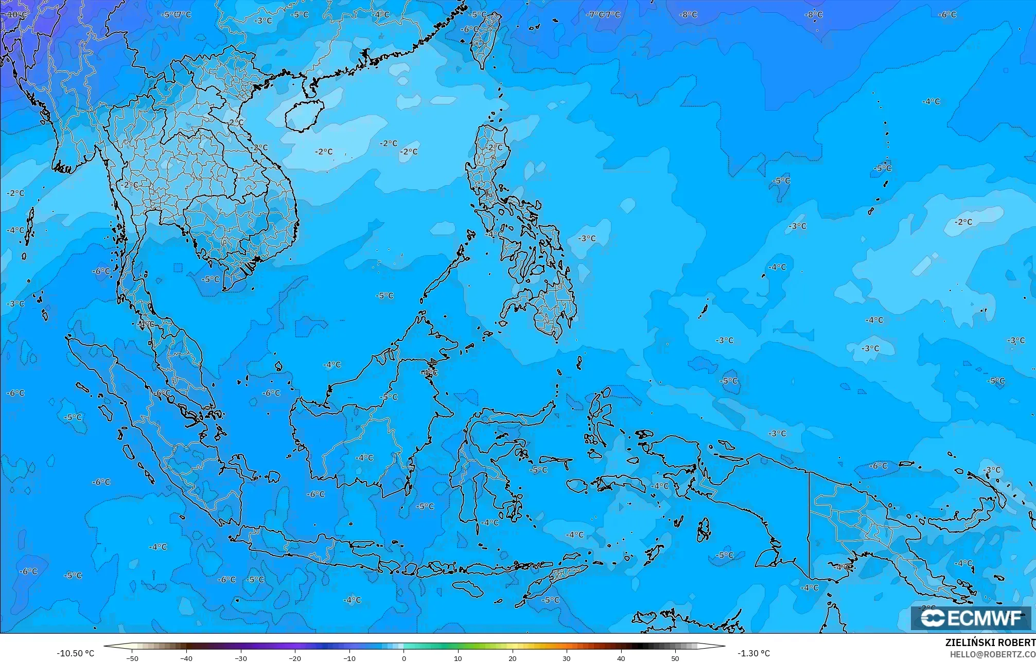 ECMWF IFS 0.25° modelo - Sudeste Asiático, Temperatura a 500 hPa