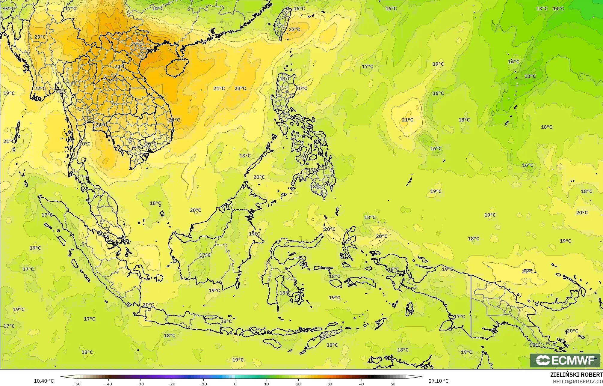 ECMWF IFS 0.25° modelo - Sudeste Asiático, Temperatura a 850 hPa