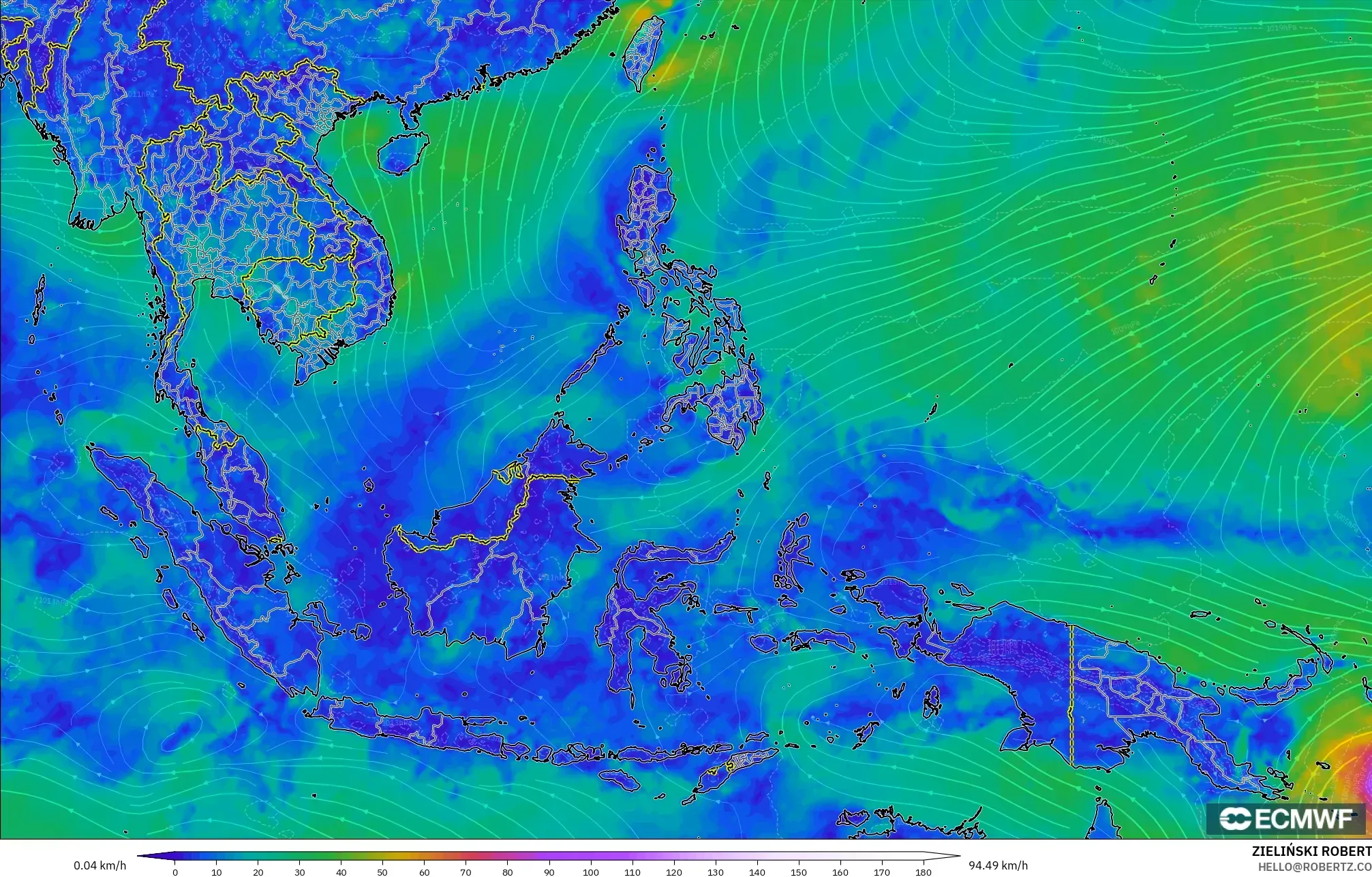 ECMWF IFS 0.25° modelo - Sudeste Asiático, Viento a 10 m