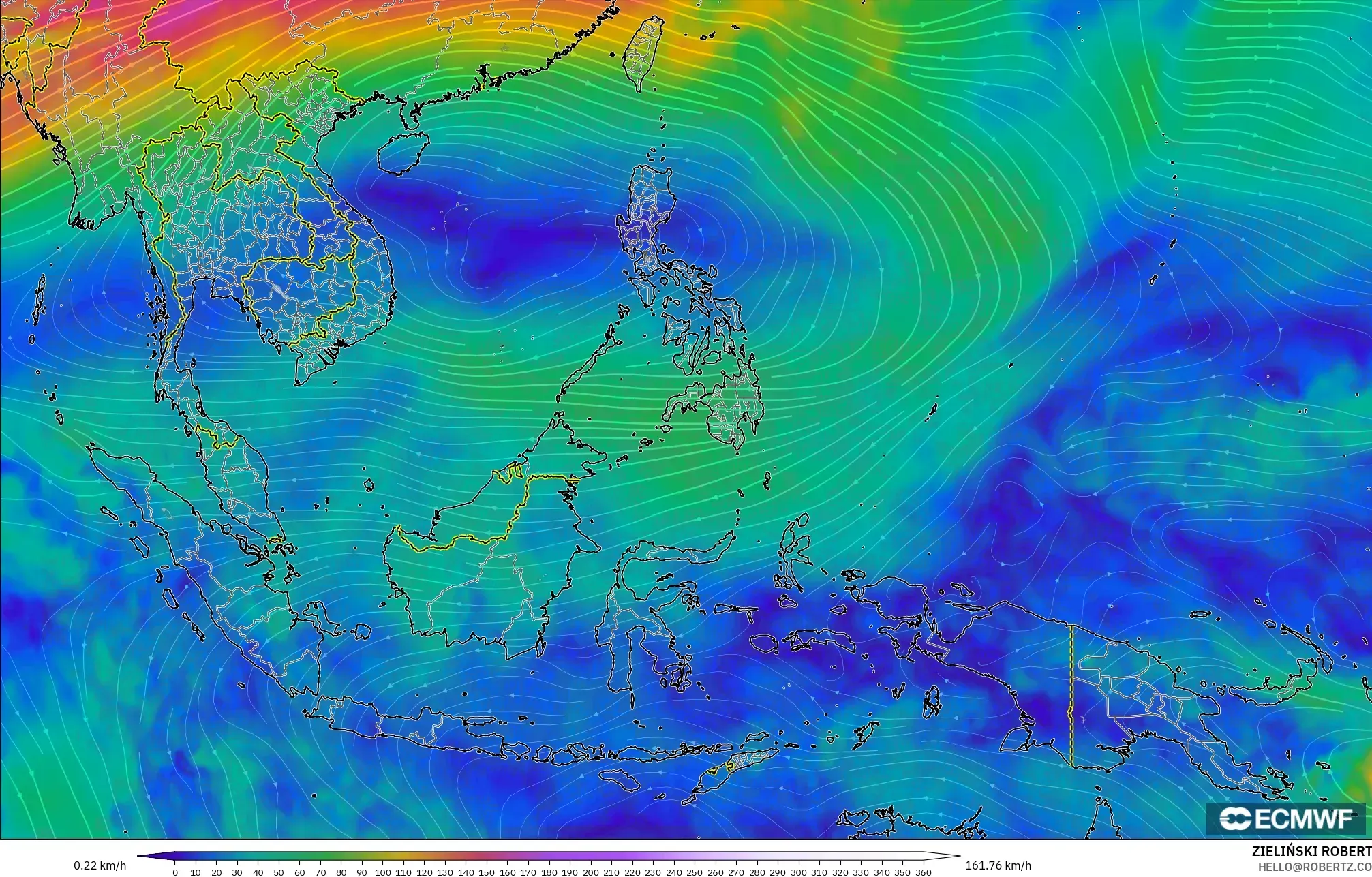 ECMWF IFS 0.25° modelo - Sudeste Asiático, Viento a 300 hPa (corriente en chorro)