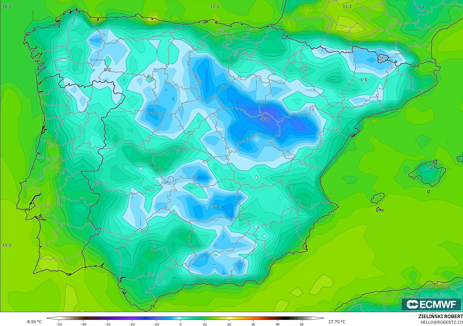 ECMWF IFS 0.25° modelo - España, Punto de rocío a 2 m