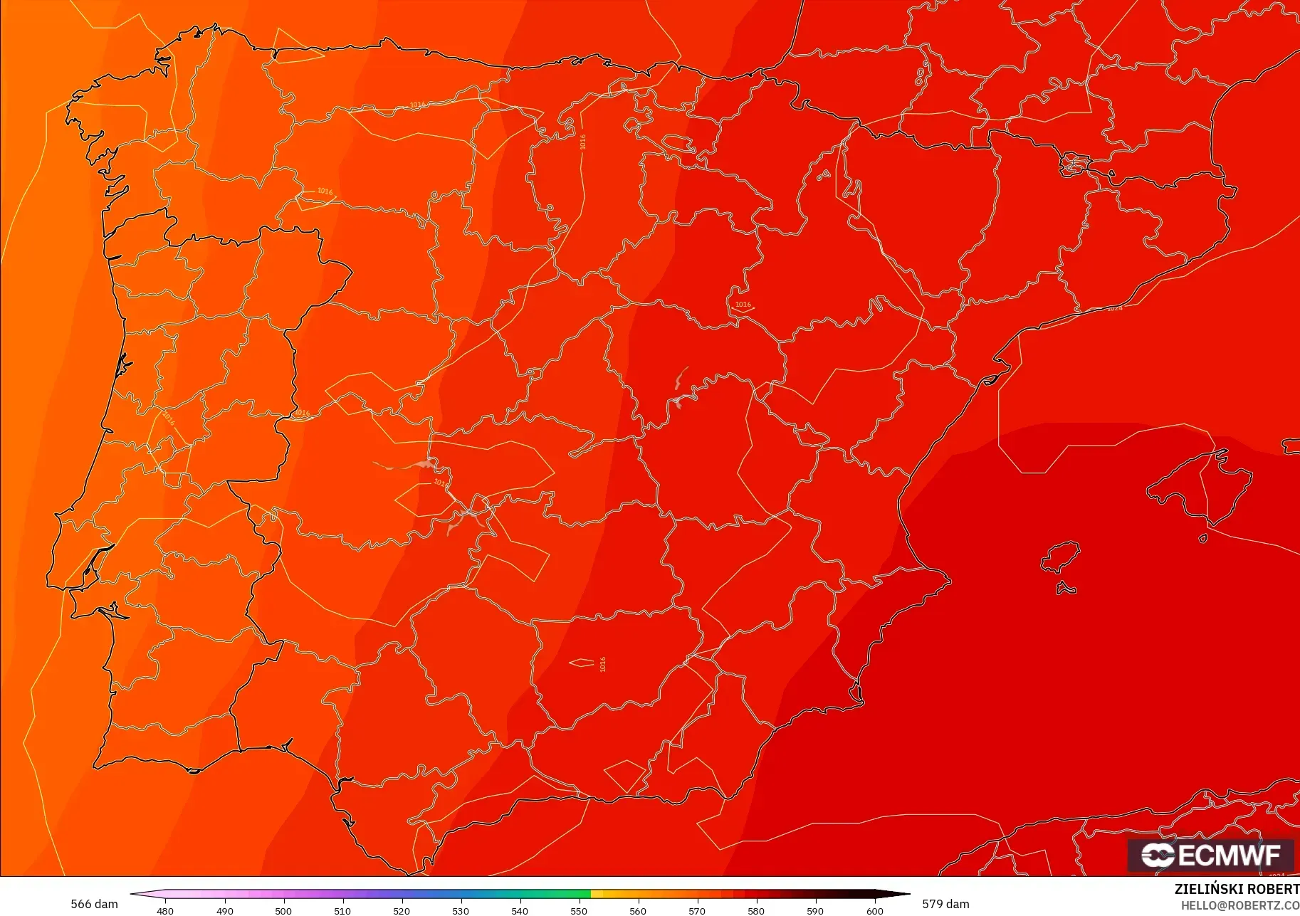 ECMWF IFS 0.25° modelo - España, Altura geopotencial a 500 hPa