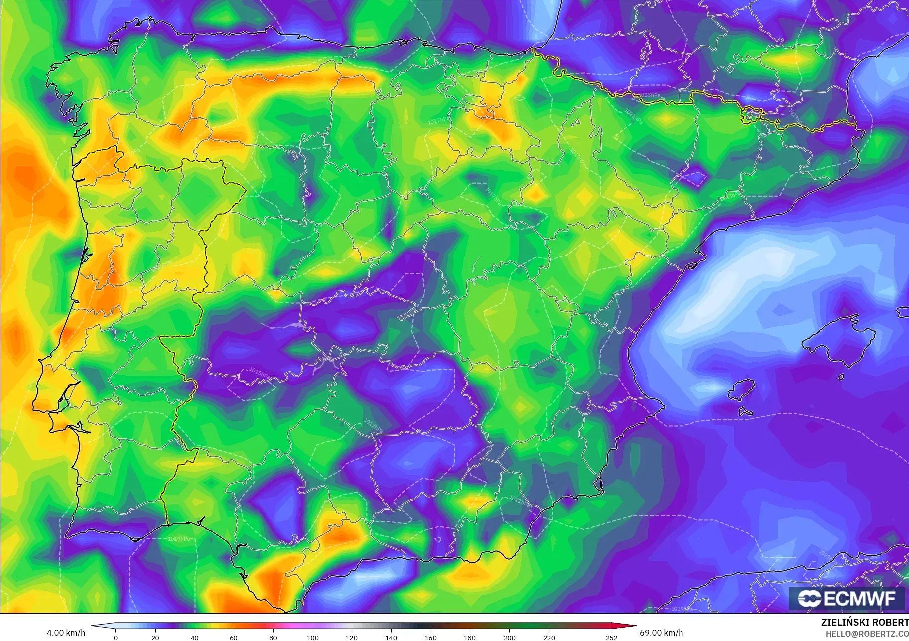 ECMWF IFS 0.25° modelo - España, Ráfagas de Viento Máximas