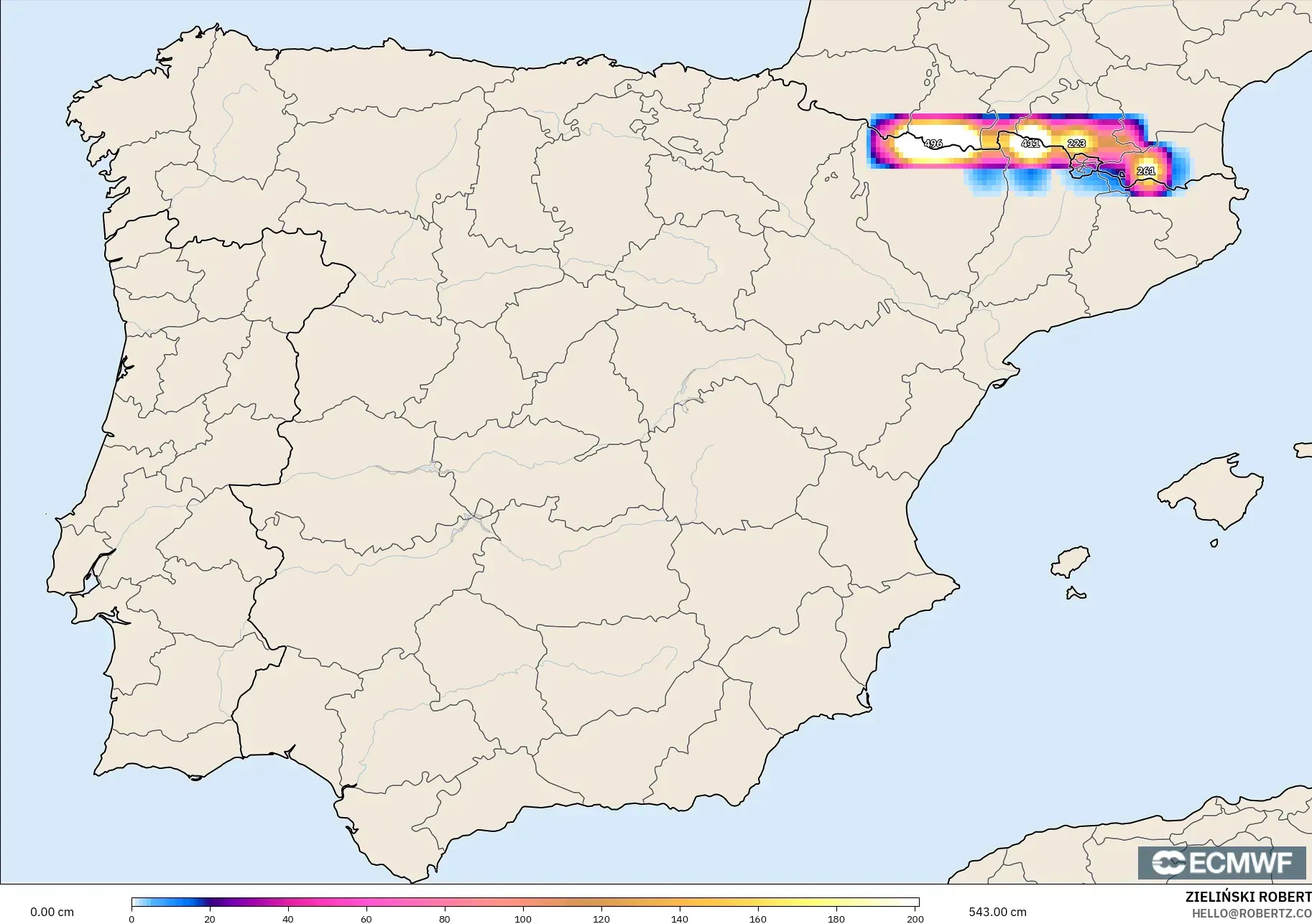 ECMWF IFS 0.25° modelo - España, Profundidad de nieve