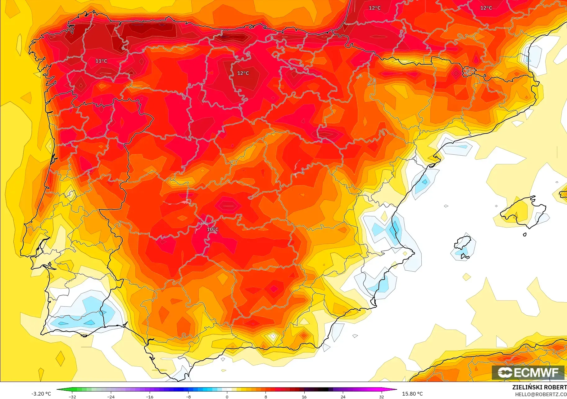 ECMWF IFS 0.25° modelo - España, Anomalía de temperatura a 2 m