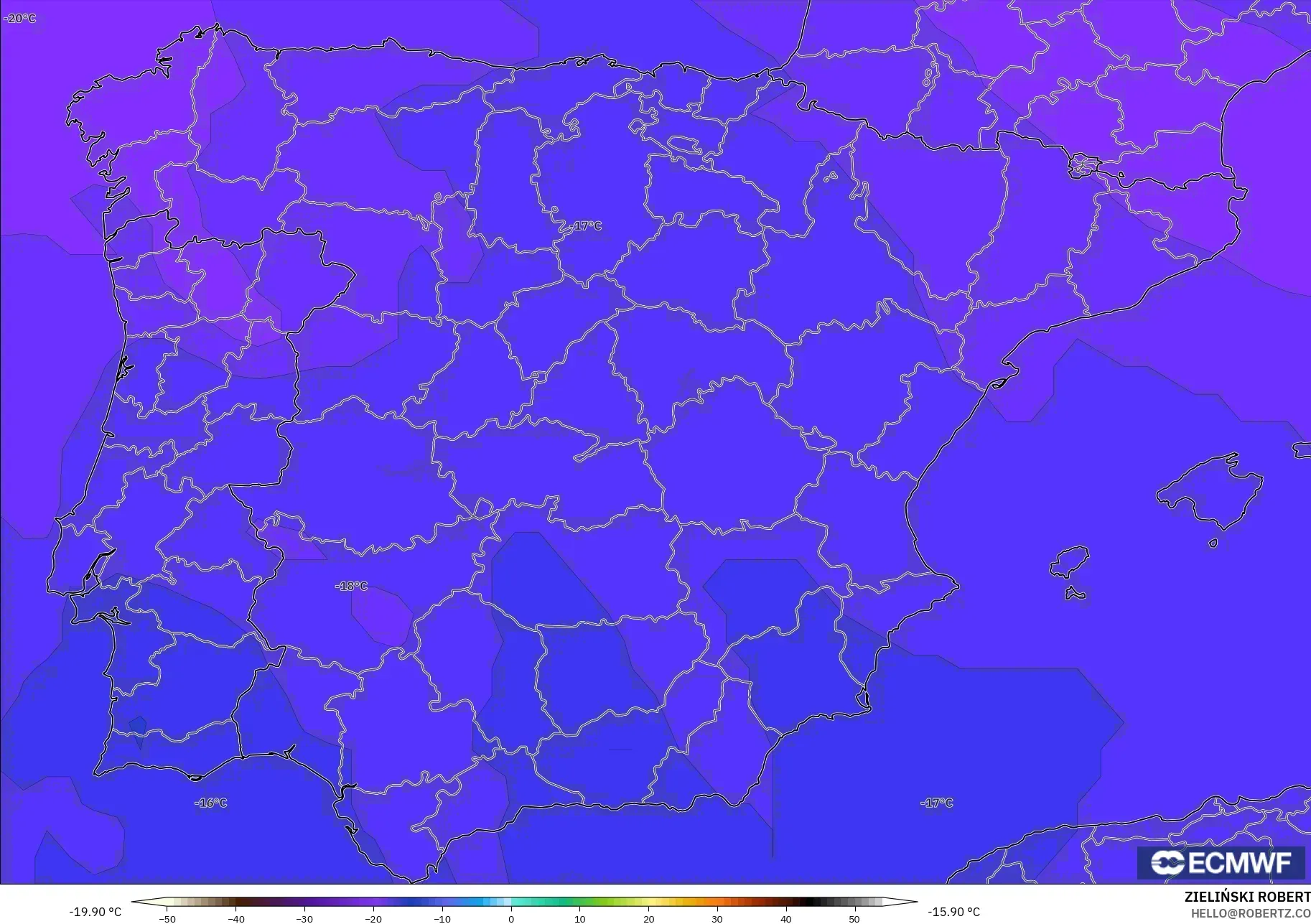 ECMWF IFS 0.25° modelo - España, Temperatura a 500 hPa