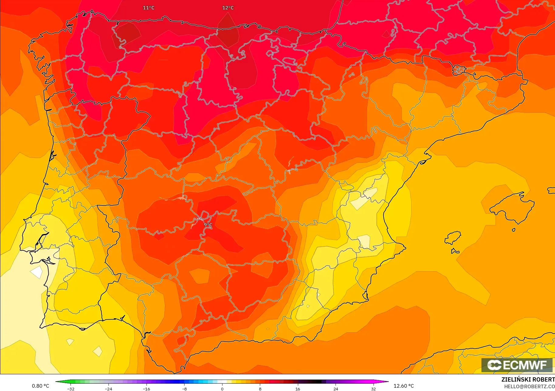 ECMWF IFS 0.25° modelo - España, Anomalía de temperatura a 850 hPa