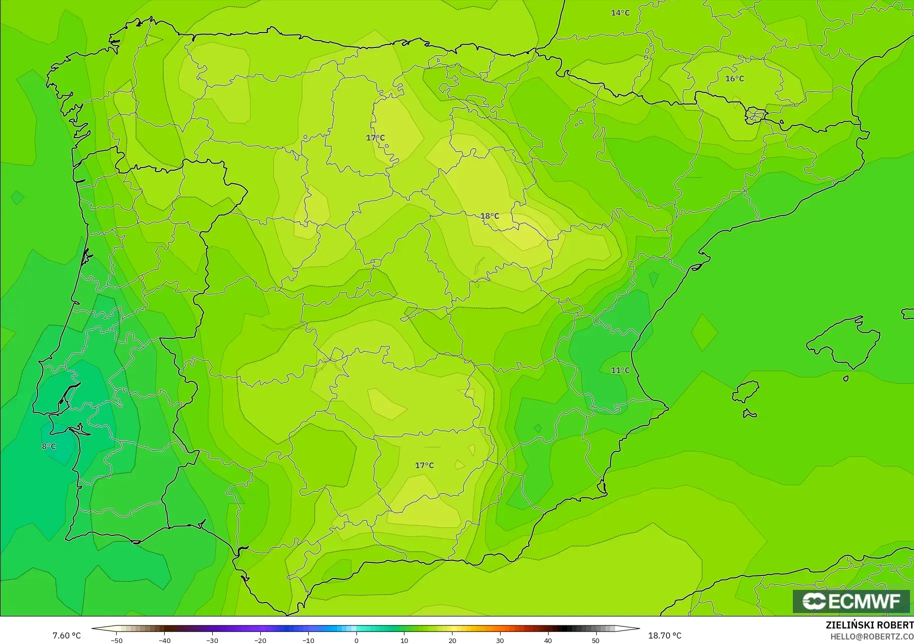 ECMWF IFS 0.25° modelo - España, Temperatura a 850 hPa