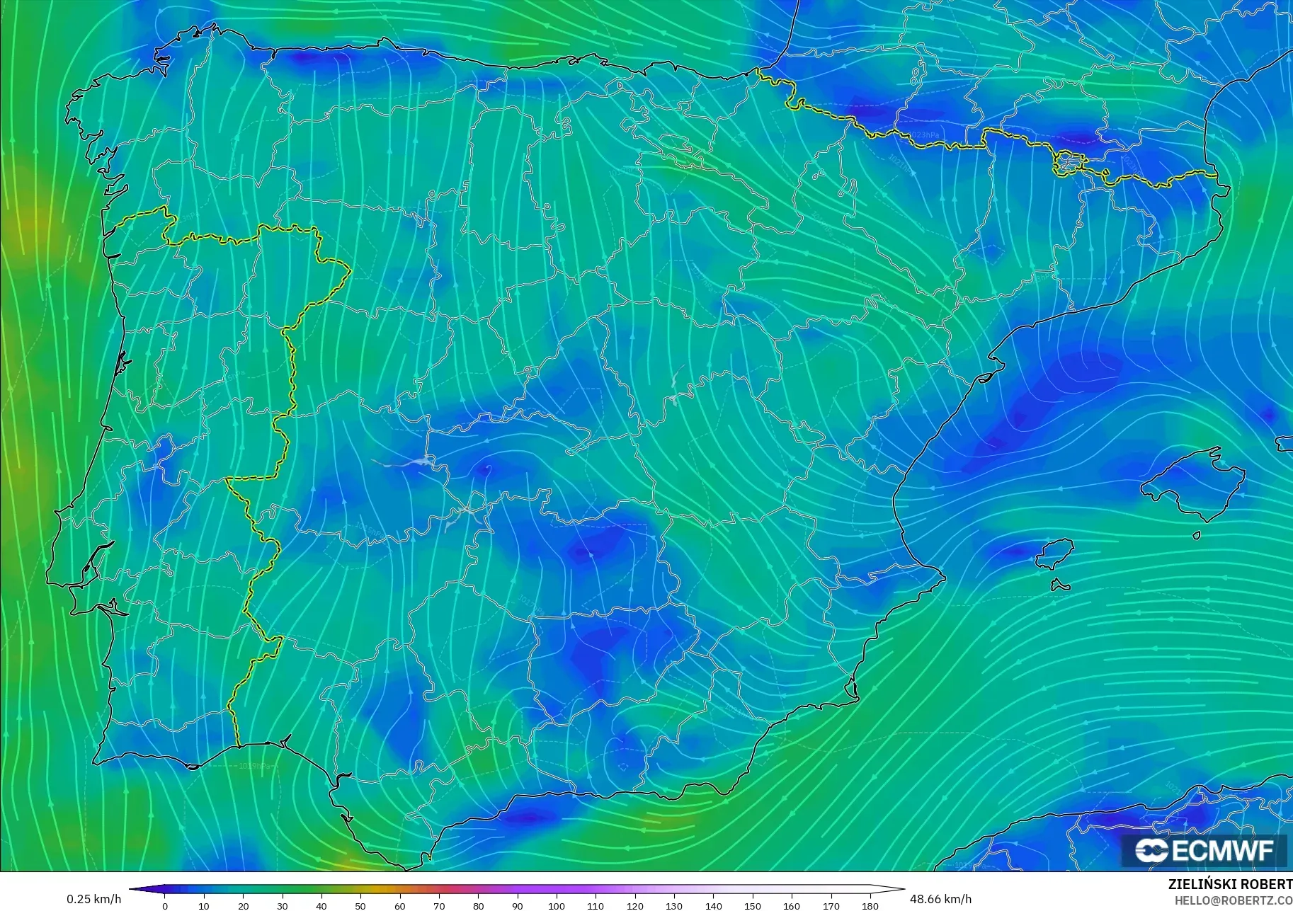 ECMWF IFS 0.25° modelo - España, Viento a 10 m