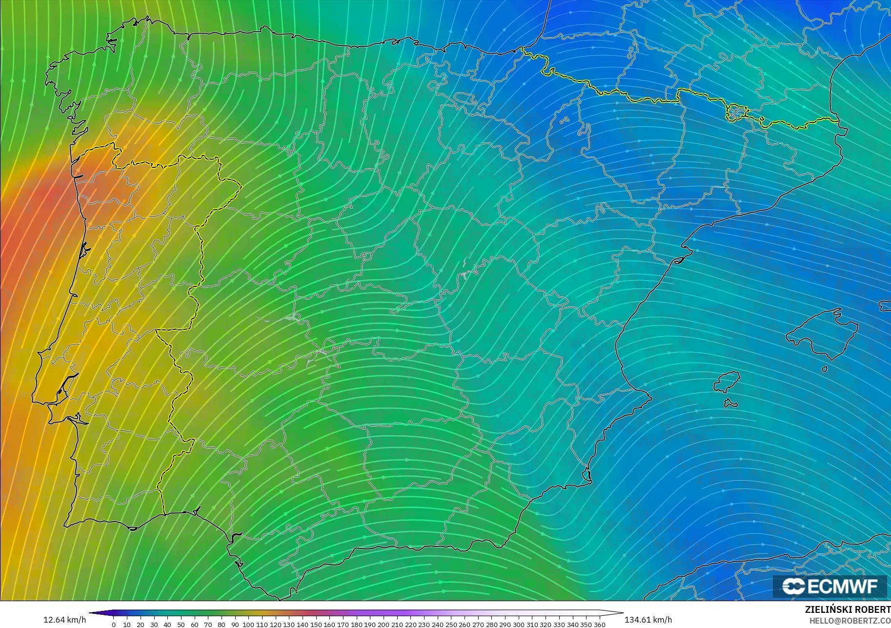 ECMWF IFS 0.25° modelo - España, Viento a 300 hPa (corriente en chorro)