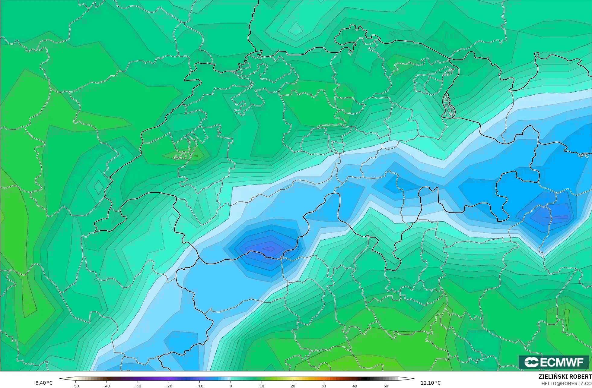 ECMWF IFS 0.25° modelo - Suiza, Punto de rocío a 2 m