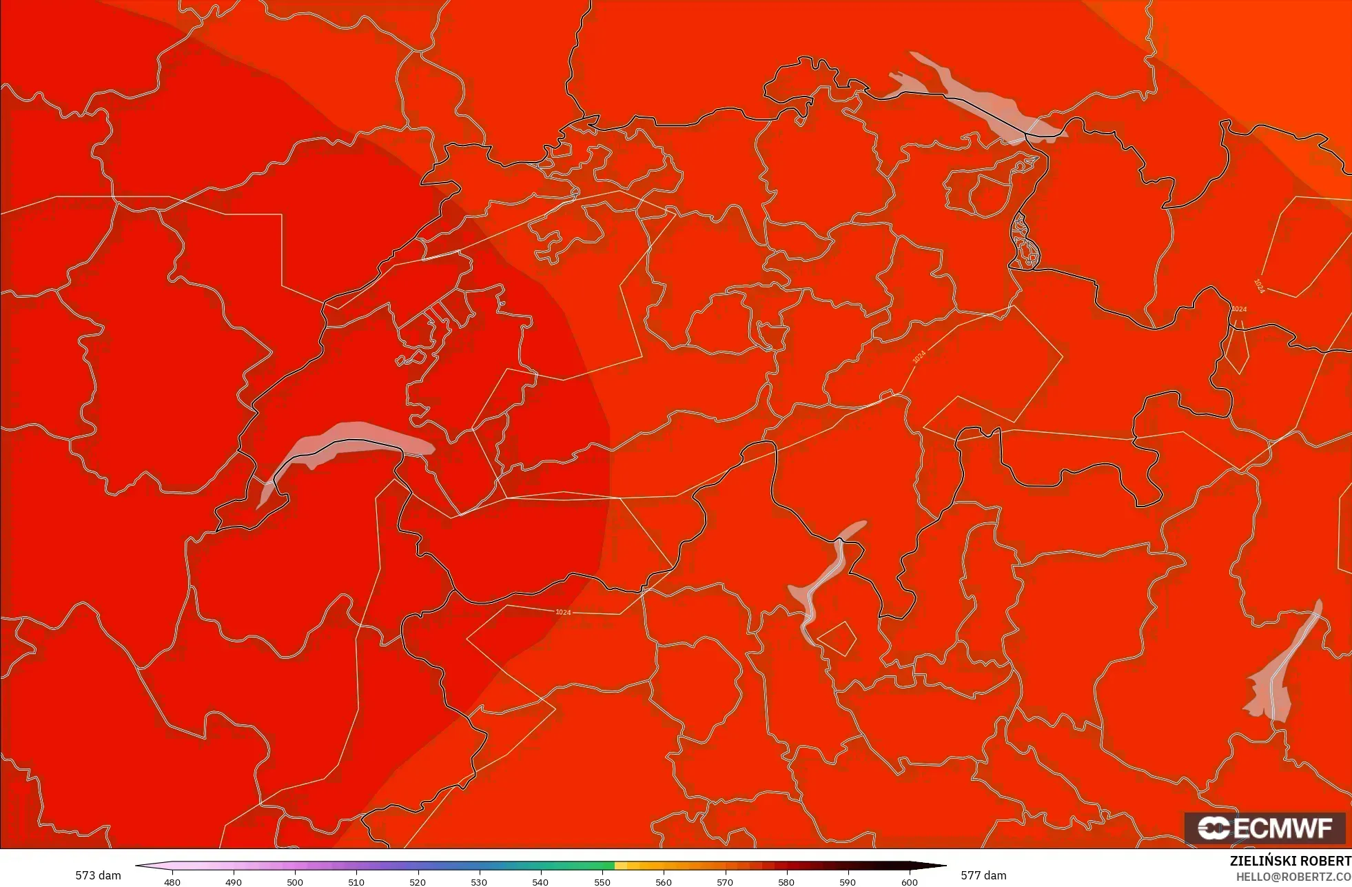 ECMWF IFS 0.25° modelo - Suiza, Altura geopotencial a 500 hPa