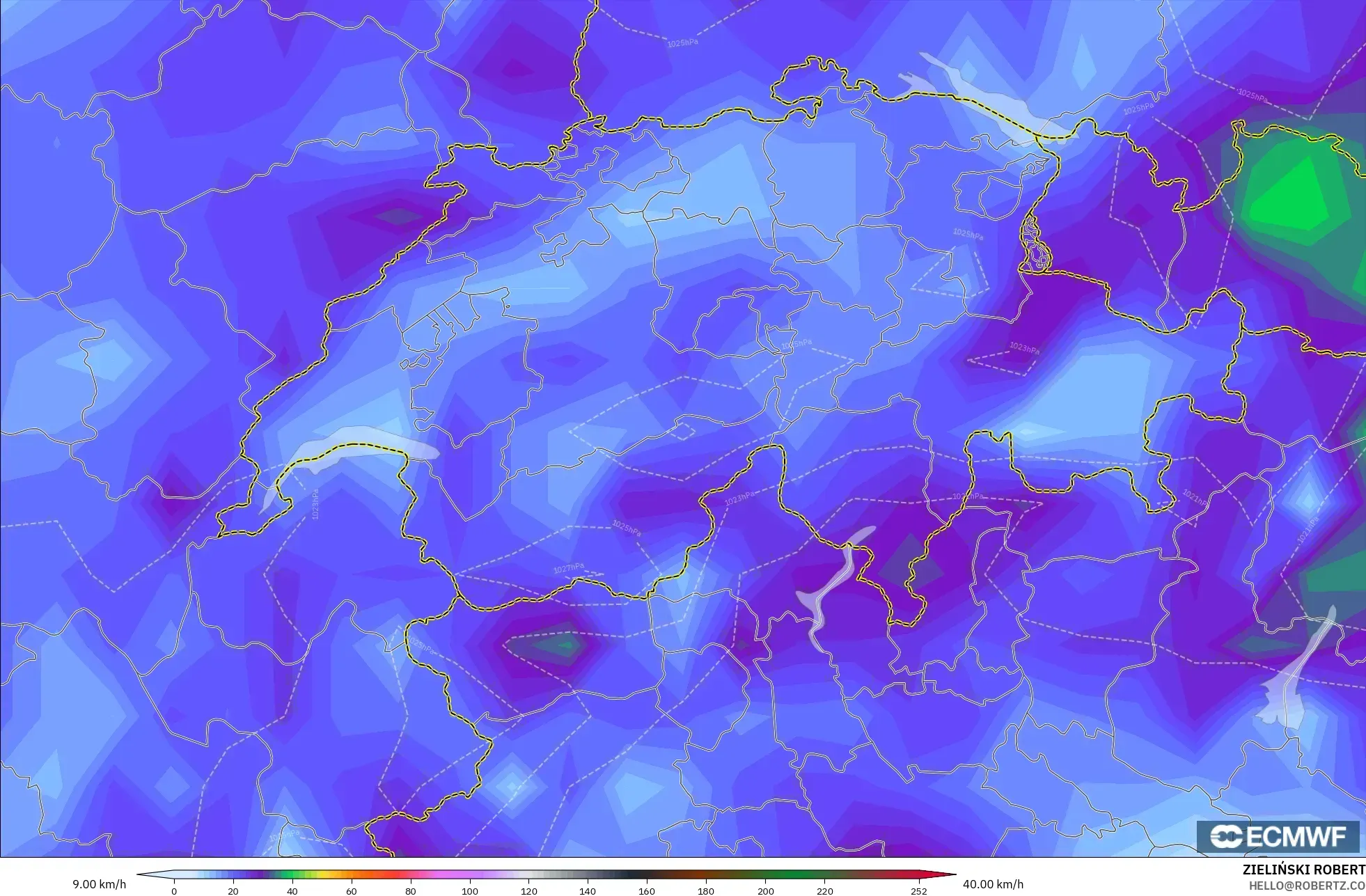 ECMWF IFS 0.25° modelo - Suiza, Ráfagas de viento