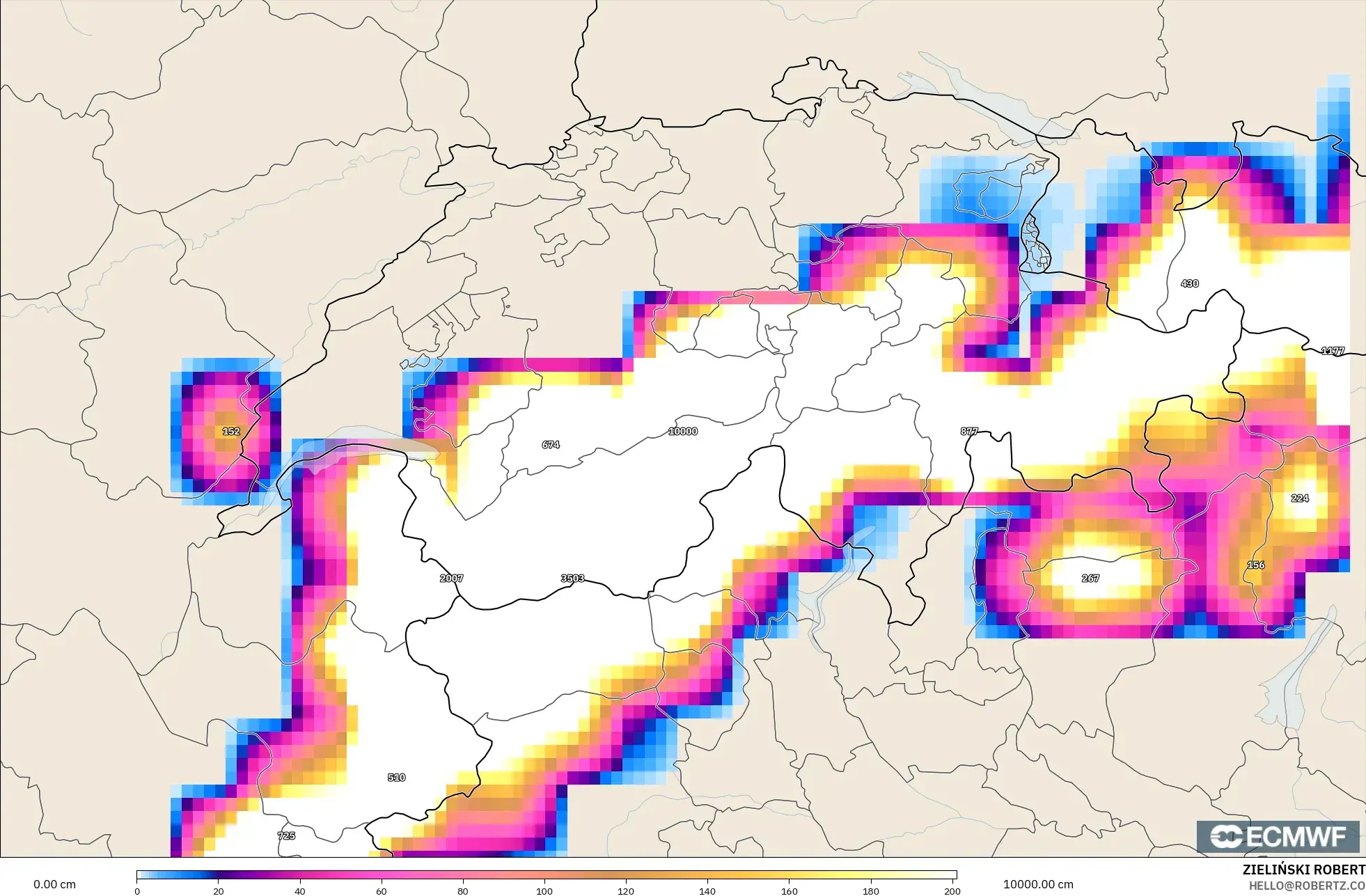ECMWF IFS 0.25° modelo - Suiza, Profundidad de nieve