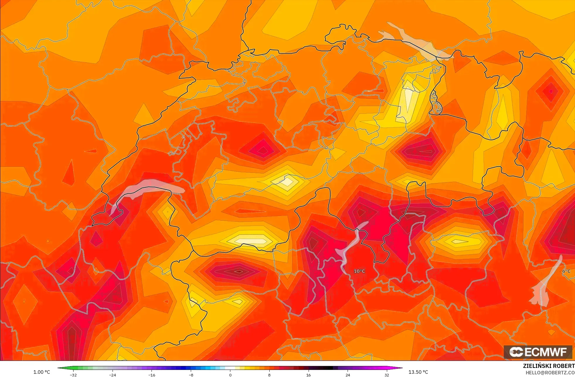 ECMWF IFS 0.25° modelo - Suiza, Anomalía de temperatura a 2 m