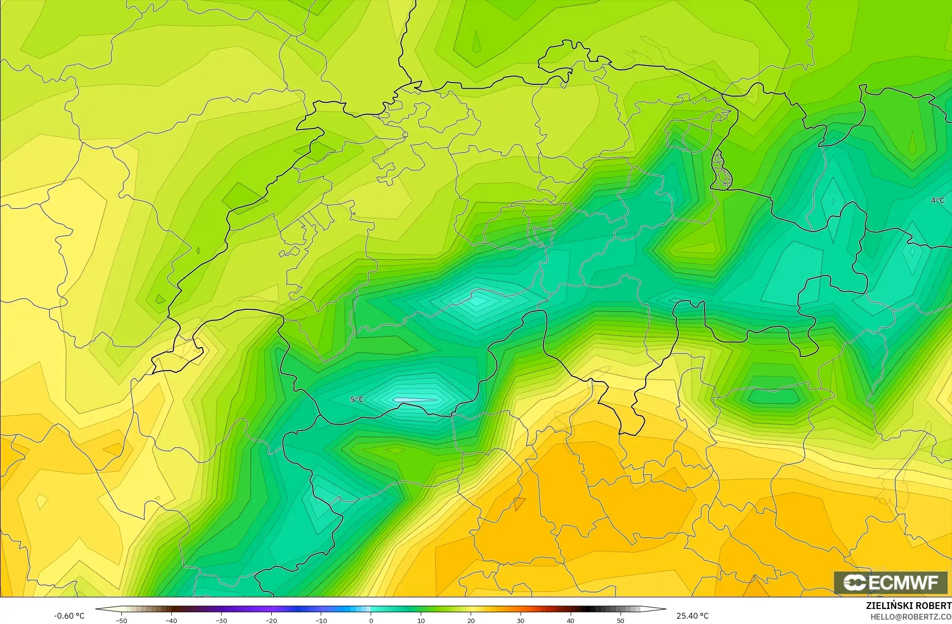 ECMWF IFS 0.25° modelo - Suiza, Temperatura a 2 m