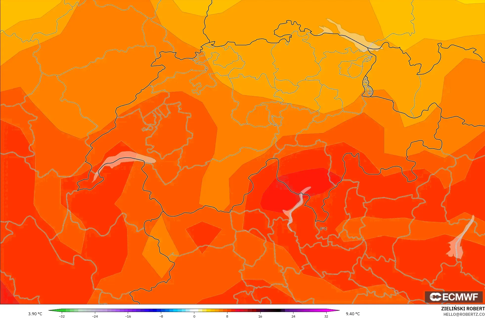 ECMWF IFS 0.25° modelo - Suiza, Anomalía de temperatura a 850 hPa