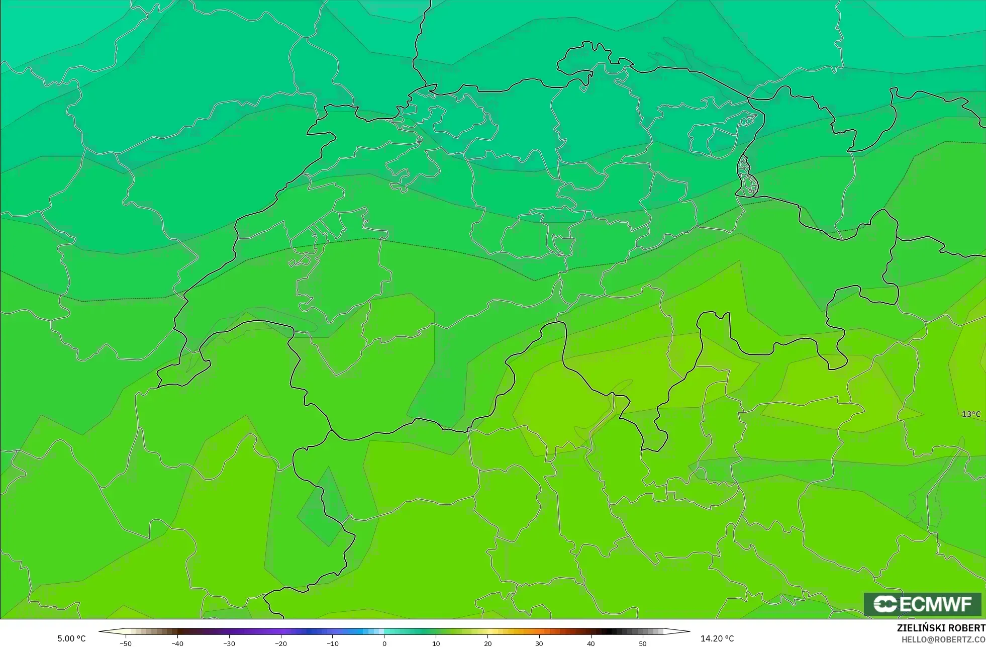 ECMWF IFS 0.25° modelo - Suiza, Temperatura a 850 hPa