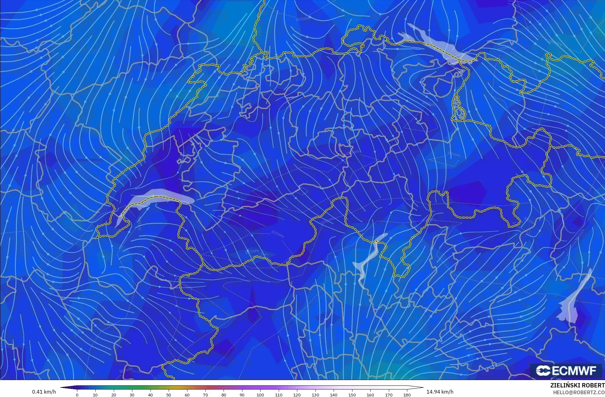 ECMWF IFS 0.25° modelo - Suiza, Viento a 10 m