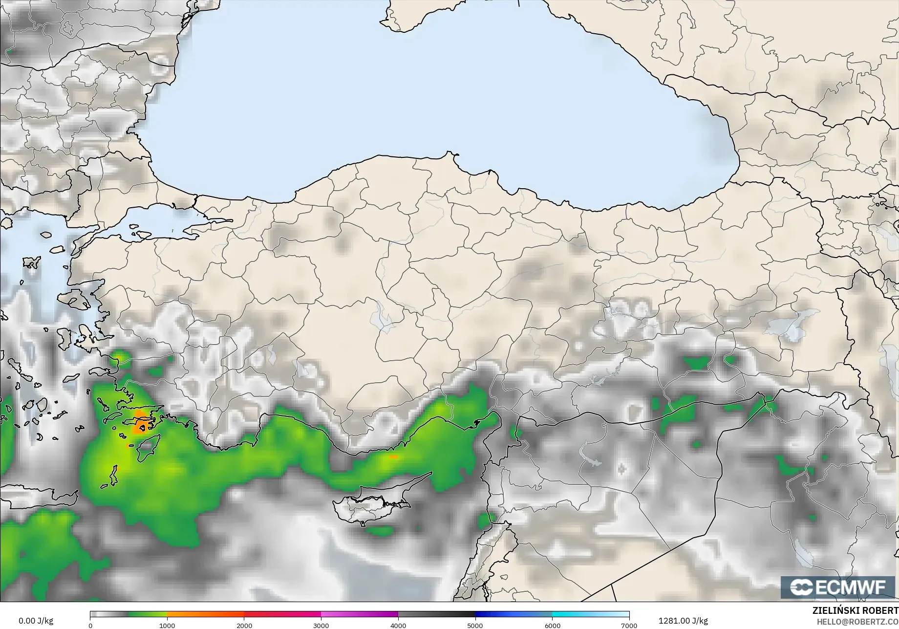 ECMWF IFS 0.25° modelo - Turquía, CAPE