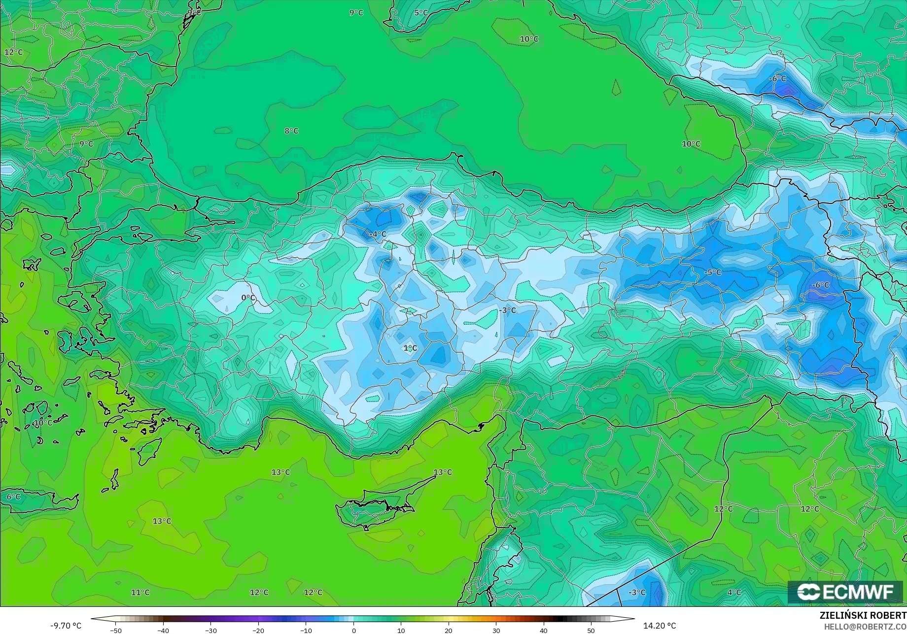 ECMWF IFS 0.25° modelo - Turquía, Punto de rocío a 2 m