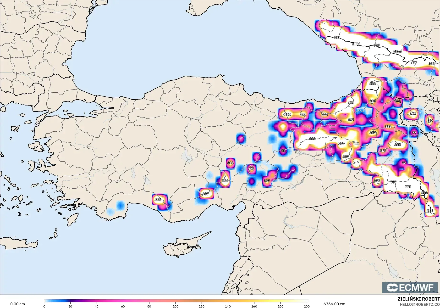 ECMWF IFS 0.25° modelo - Turquía, Profundidad de nieve