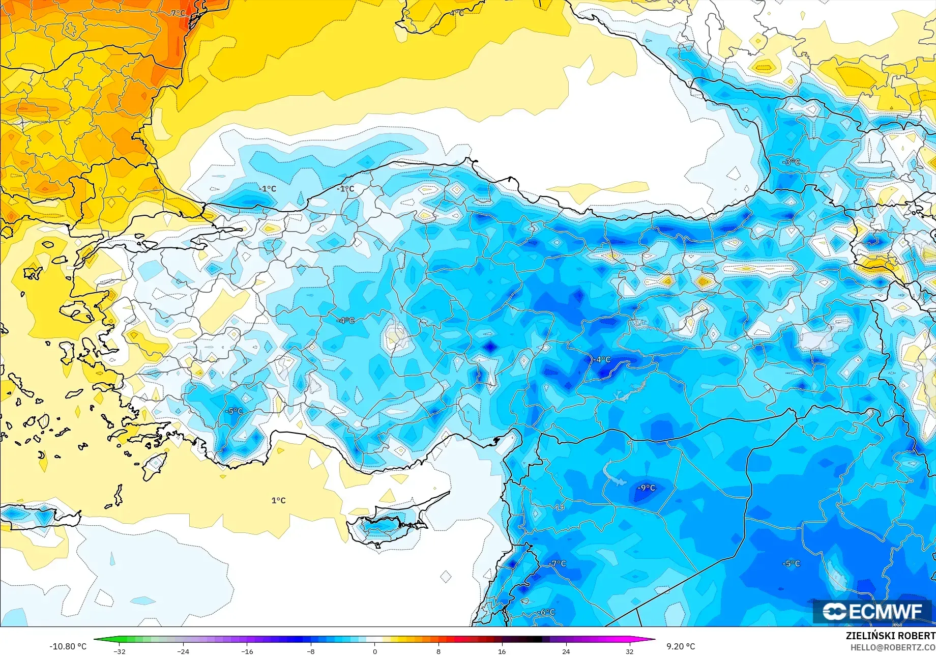 ECMWF IFS 0.25° modelo - Turquía, Anomalía de temperatura a 2 m