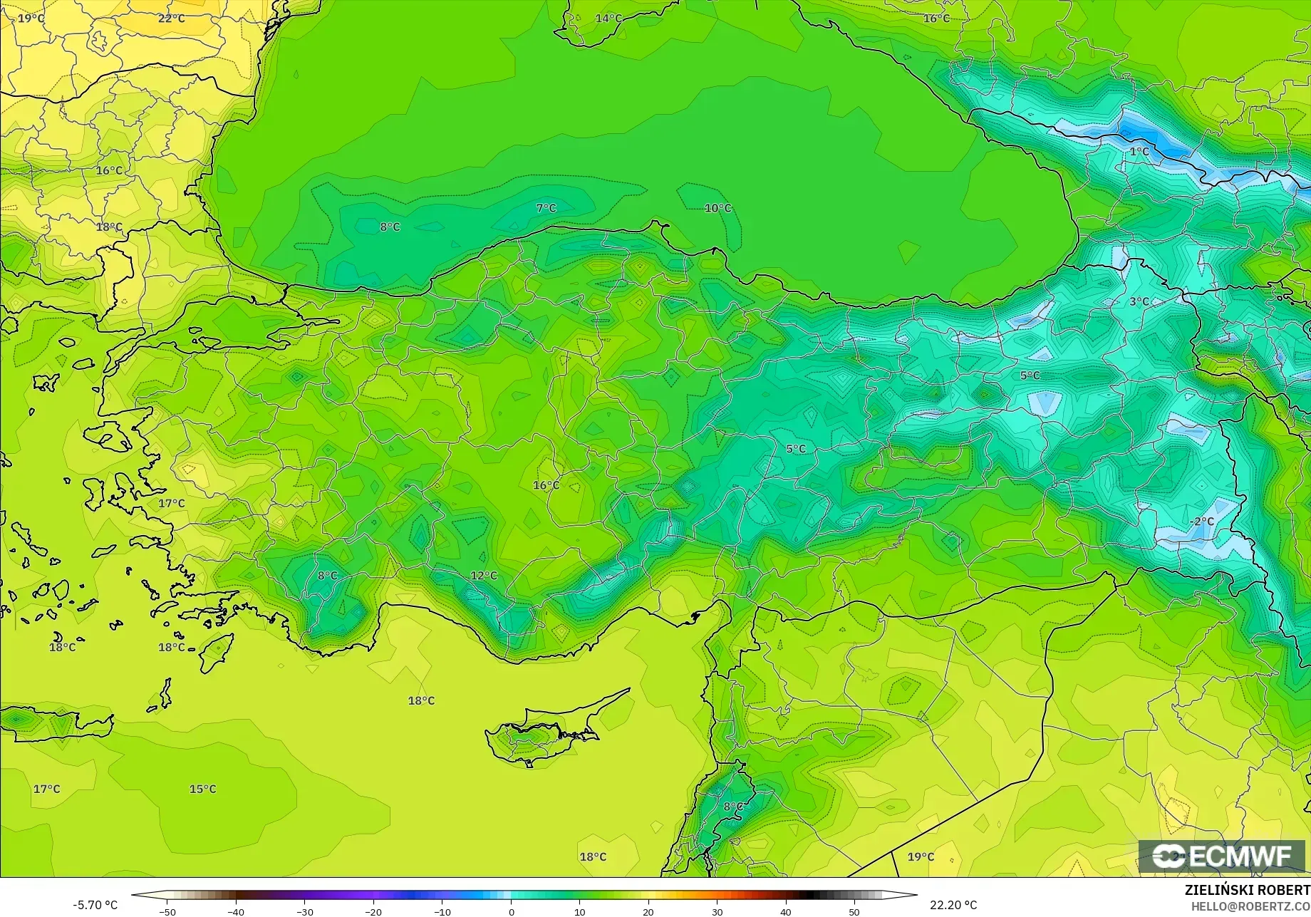 ECMWF IFS 0.25° modelo - Turquía, Temperatura a 2 m