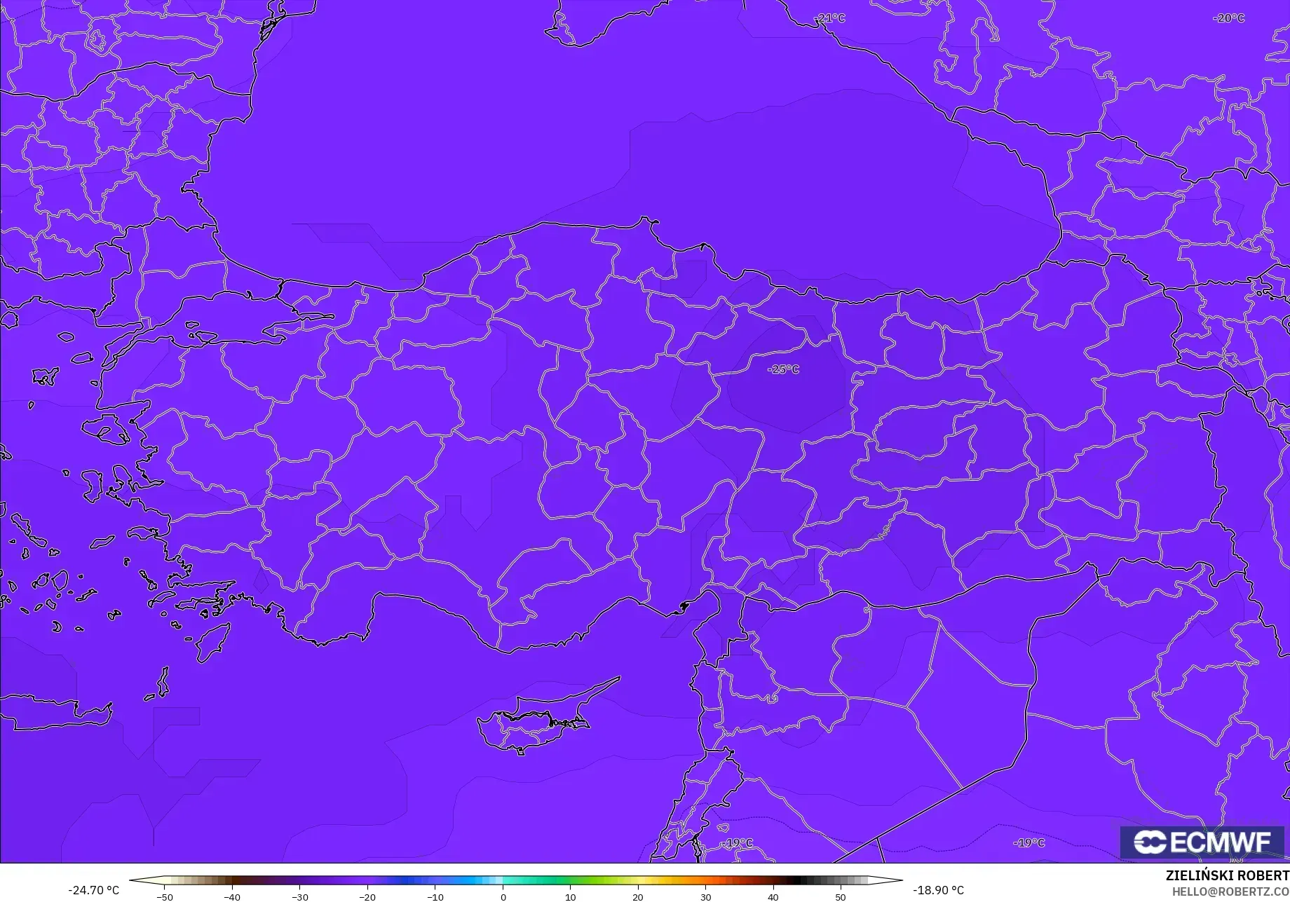 ECMWF IFS 0.25° modelo - Turquía, Temperatura a 500 hPa