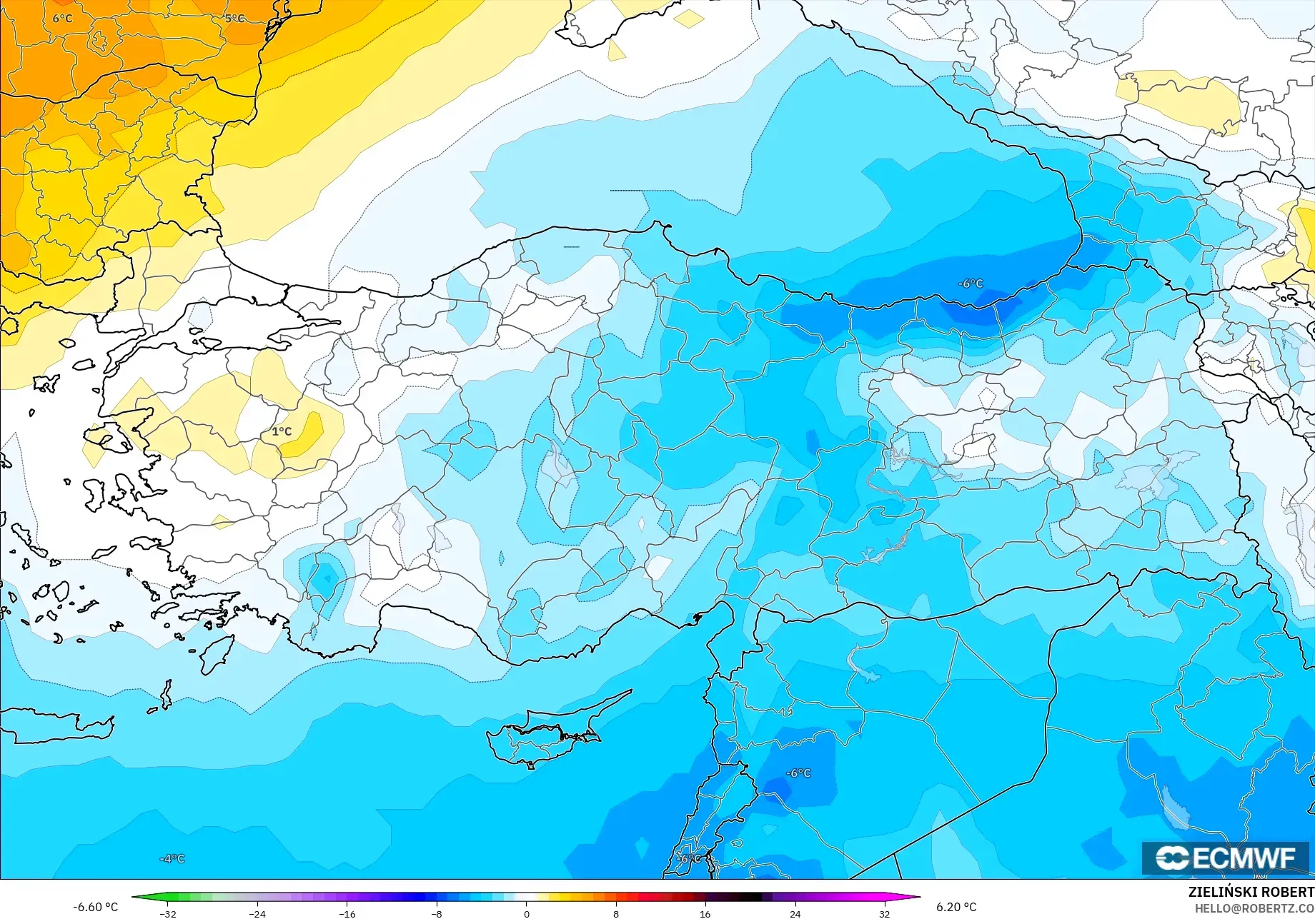 ECMWF IFS 0.25° modelo - Turquía, Anomalía de temperatura a 850 hPa
