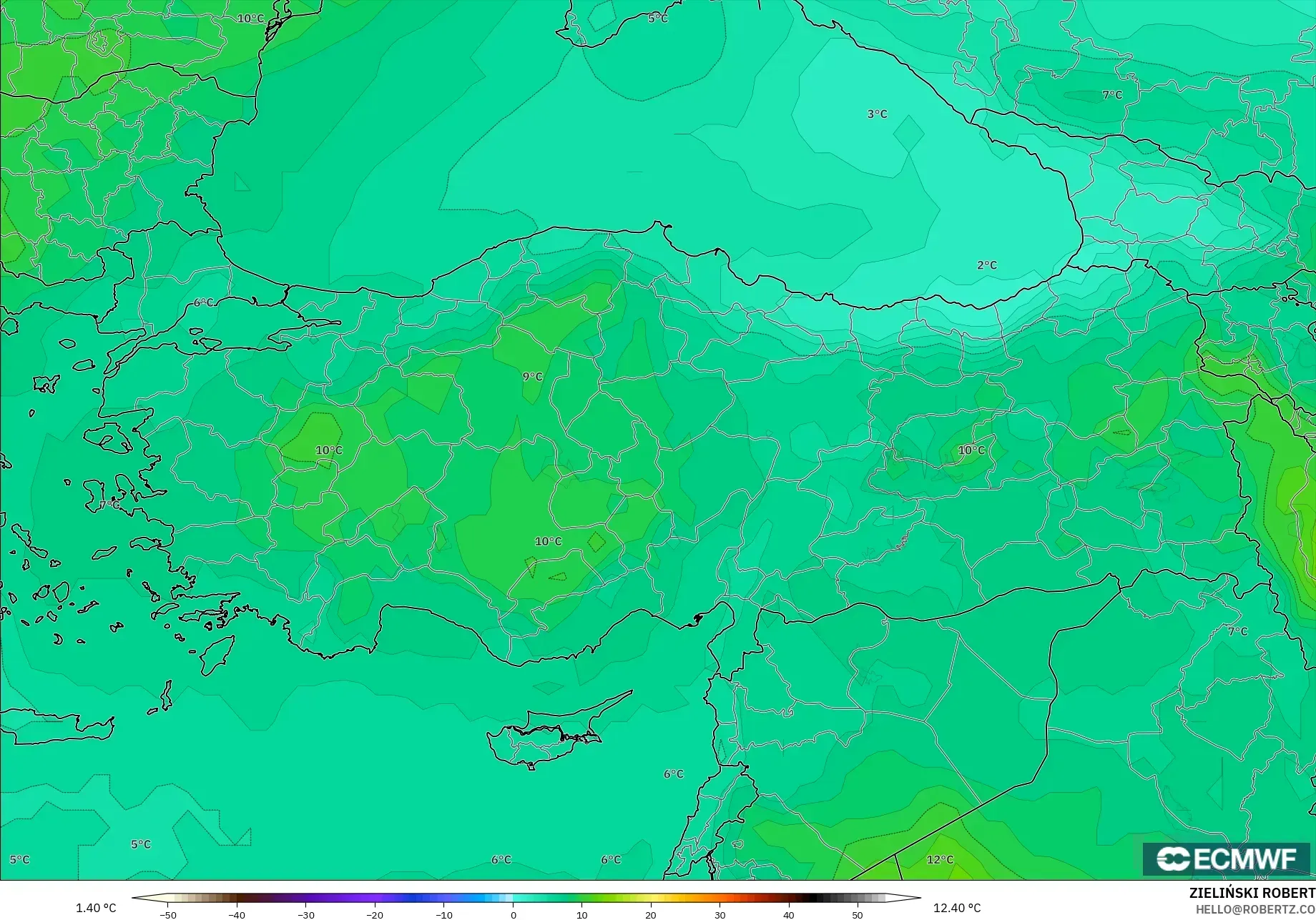 ECMWF IFS 0.25° modelo - Turquía, Temperatura a 850 hPa